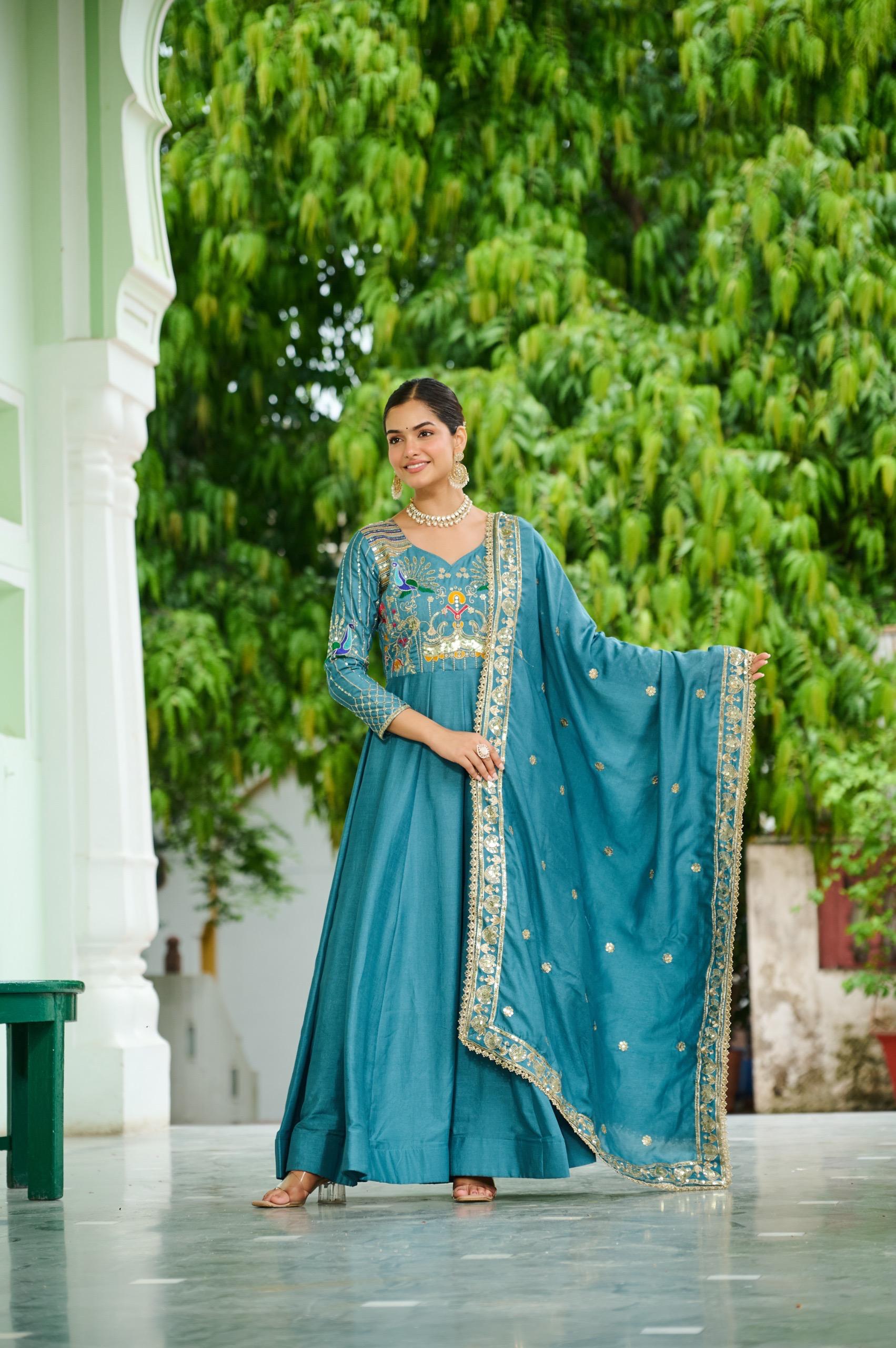 Prazu Fashion Sky Blue Vichitra Silk Rich Sequins, Multi Thread Gown With Dupatta