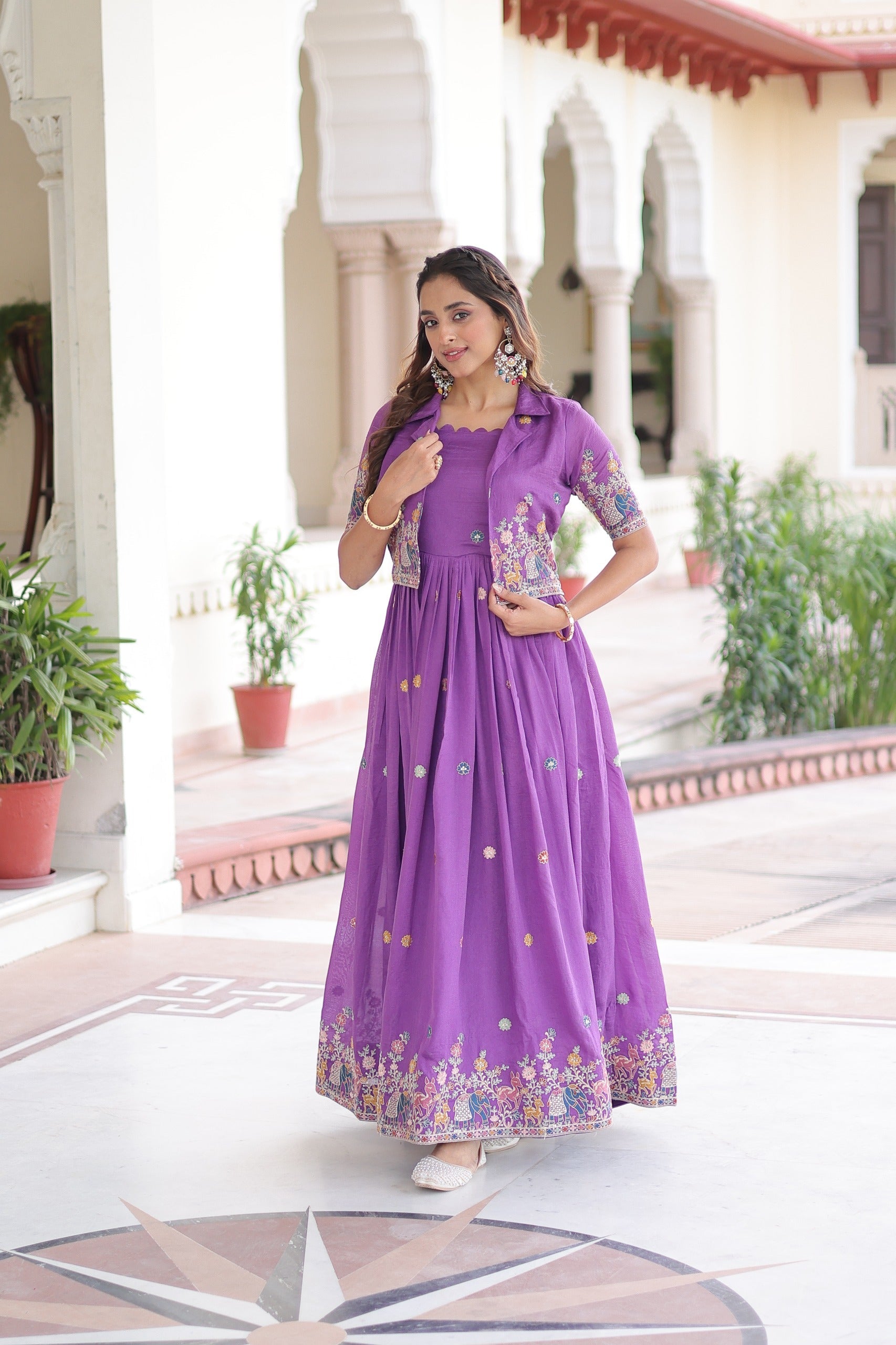 Prazu Fashion Purple Vichitra Silk With Sequins, Zari & Thread Gown With Koti