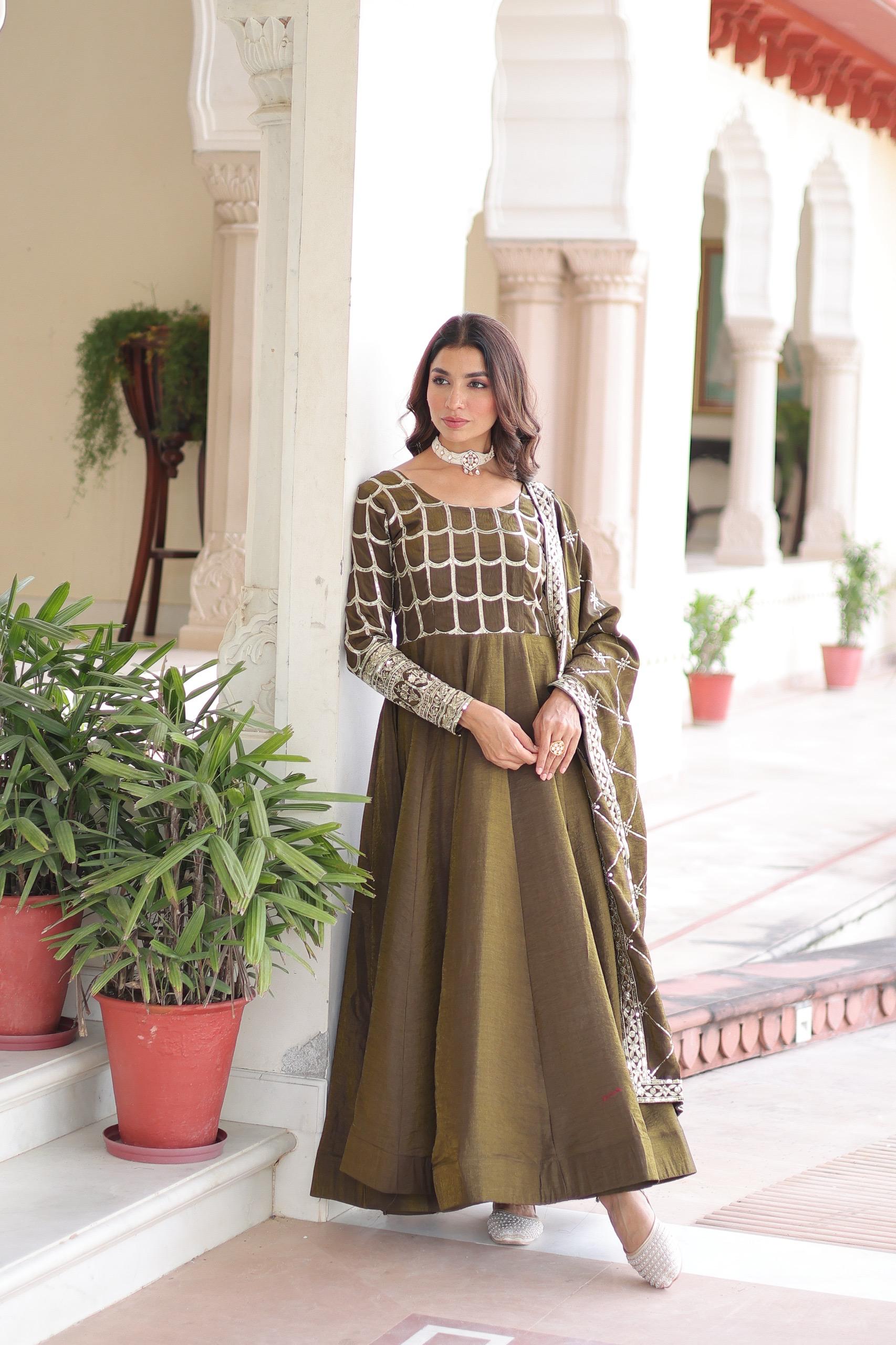 Prazu Fashion Mahendi Vichitra Silk Rich Sequins & Zari Embroidered Gown With Dupatta