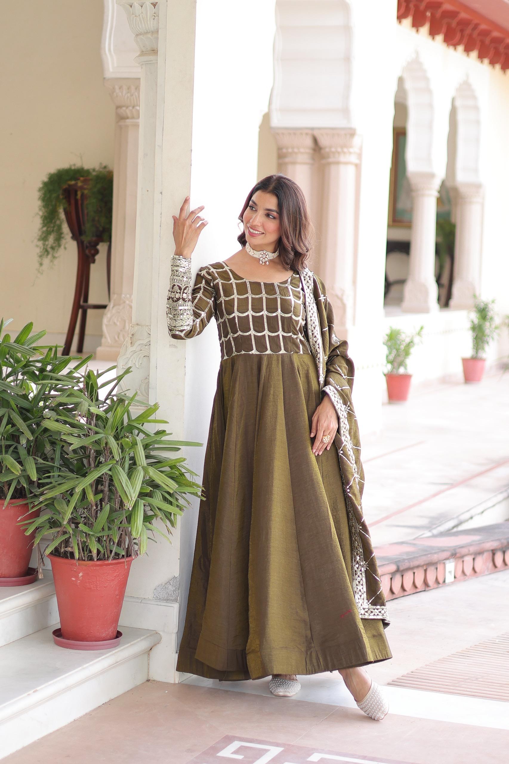 Prazu Fashion Mahendi Vichitra Silk Rich Sequins & Zari Embroidered Gown With Dupatta