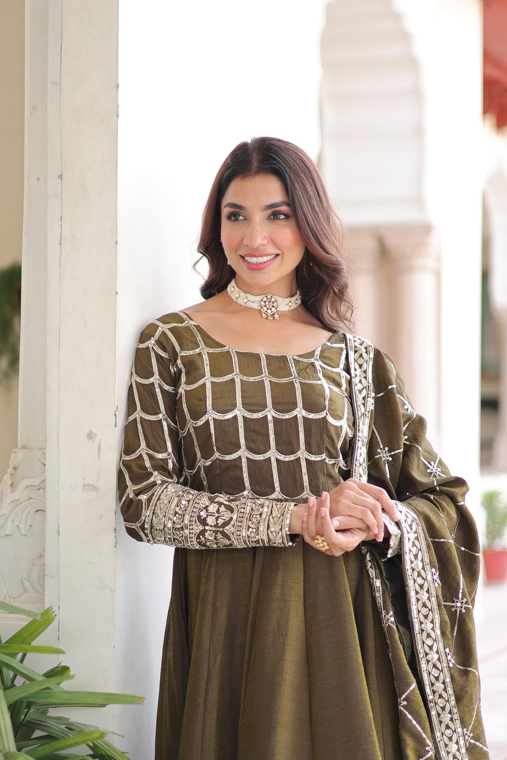 Prazu Fashion Mahendi Vichitra Silk Rich Sequins & Zari Embroidered Gown With Dupatta