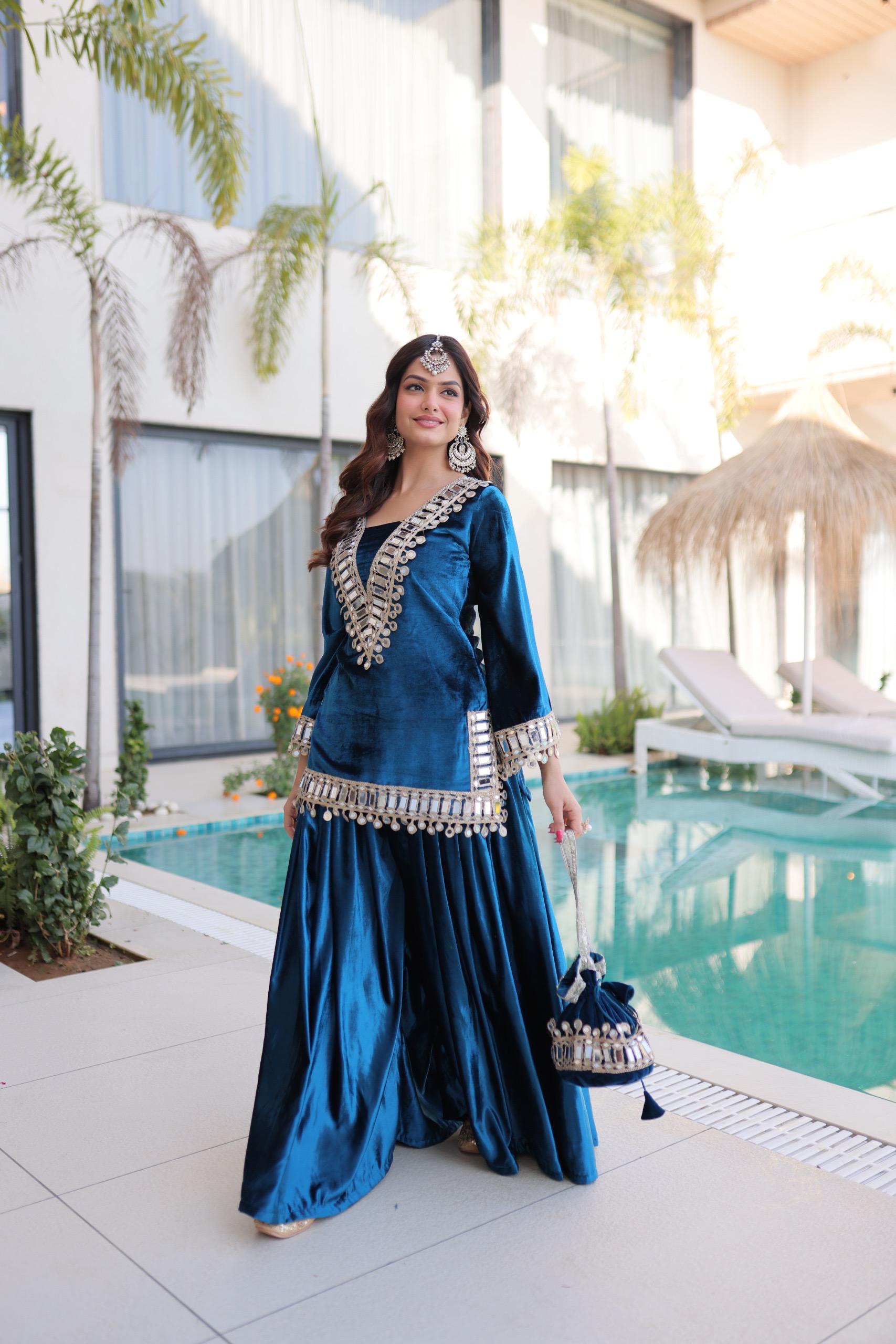 Prazu Fashion Turquoise Velvet With Zari Embroidered & Real Mirror Work Palazzo With Potli Bag