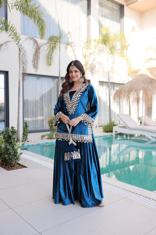Prazu Fashion Turquoise Velvet With Zari Embroidered & Real Mirror Work Palazzo With Potli Bag