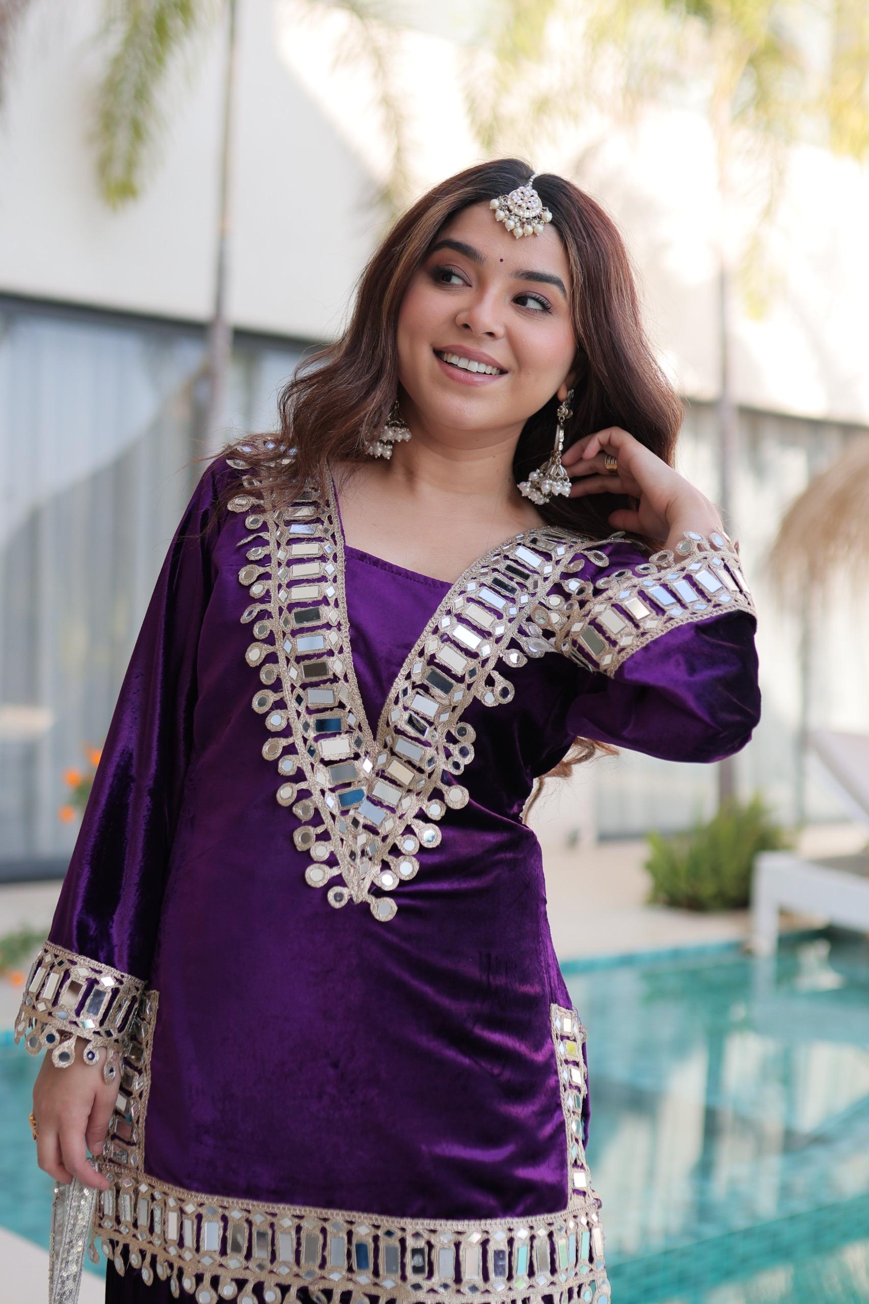 Prazu Fashion Violet Velvet With Zari Embroidered & Real Mirror Work Plazzo With Potli Bag