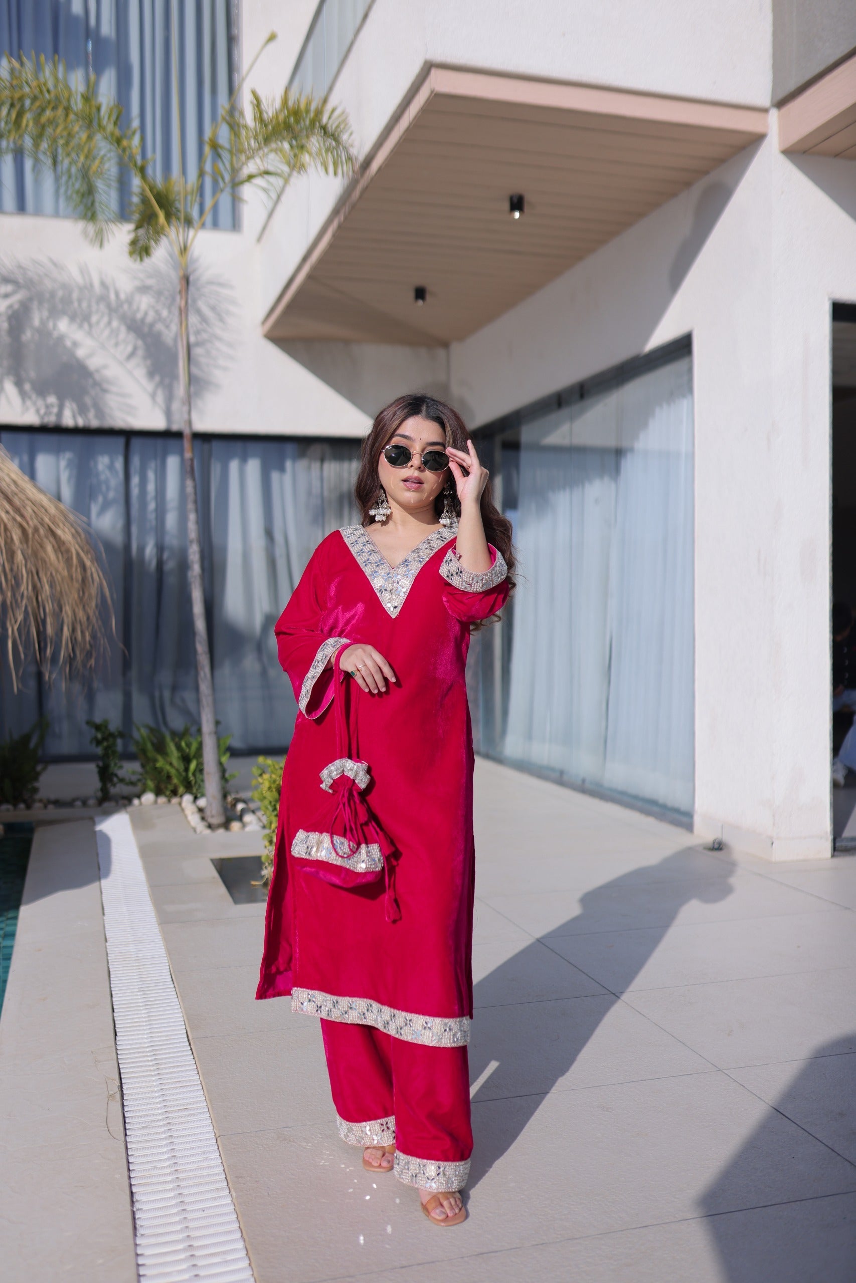 Prazu Fashion Rani Pink Velvet Zari Embroidered & Real Mirror Work Suit With Potli Bag