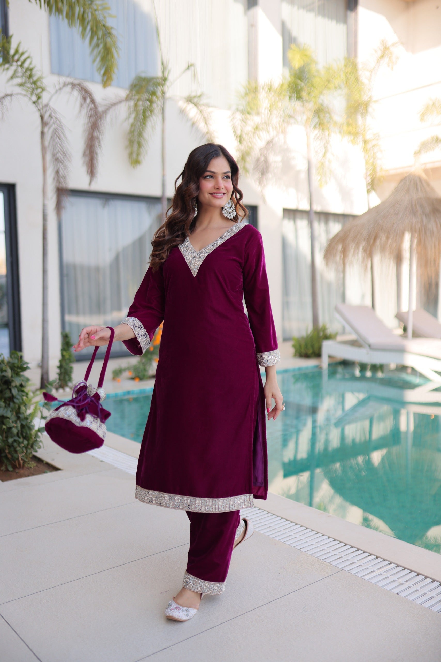 Prazu Fashion Wine Velvet Zari Embroidered & Real Mirror Work Suit With Potli Bag