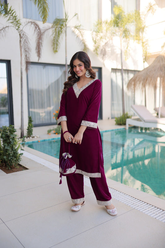 Prazu Fashion Wine Velvet Zari Embroidered & Real Mirror Work Suit With Potli Bag