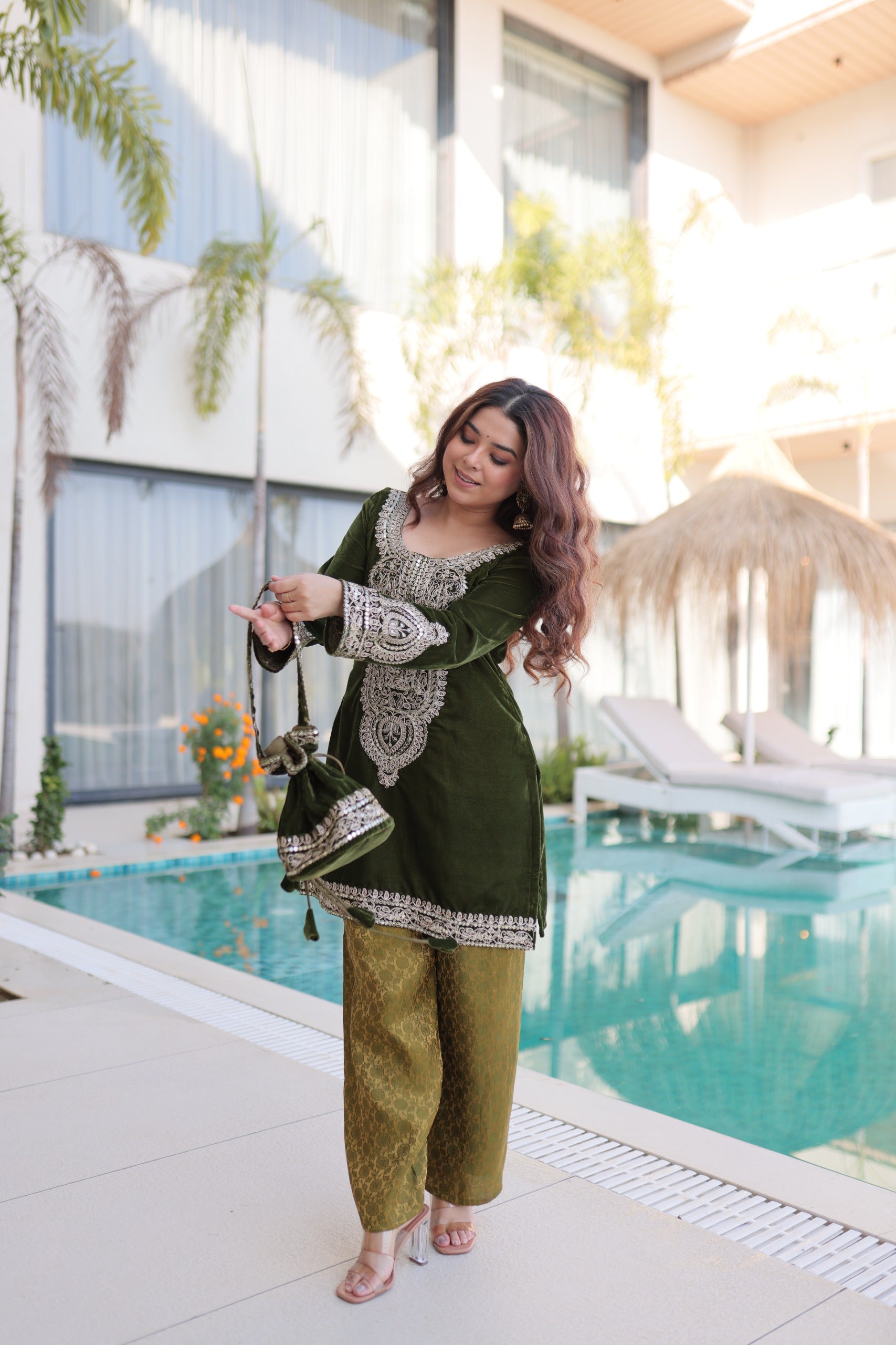 Prazu Fashion Green Velvet With Rich Zari Coding Embroidered Suit With Potli Bag