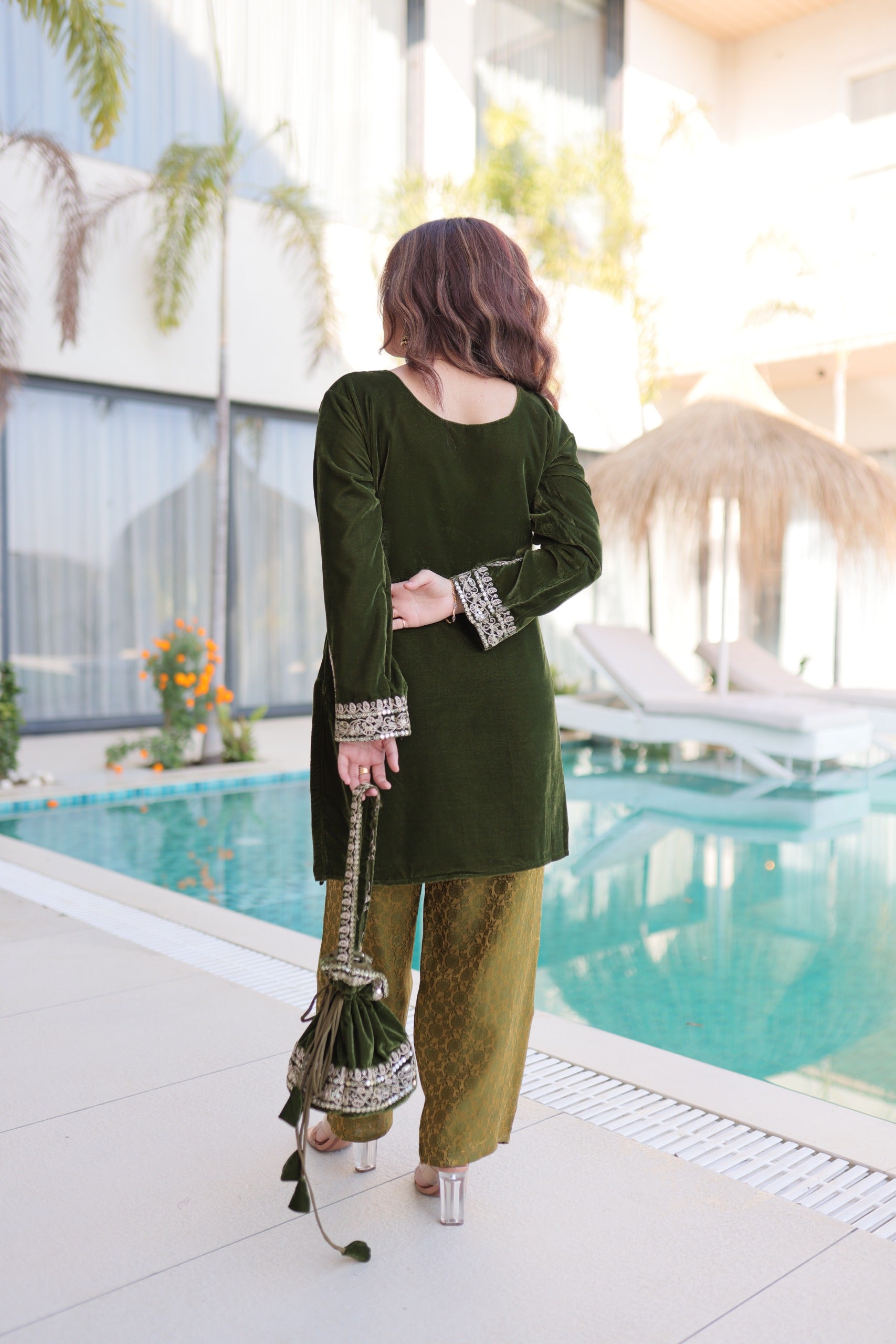 Prazu Fashion Green Velvet With Rich Zari Coding Embroidered Suit With Potli Bag