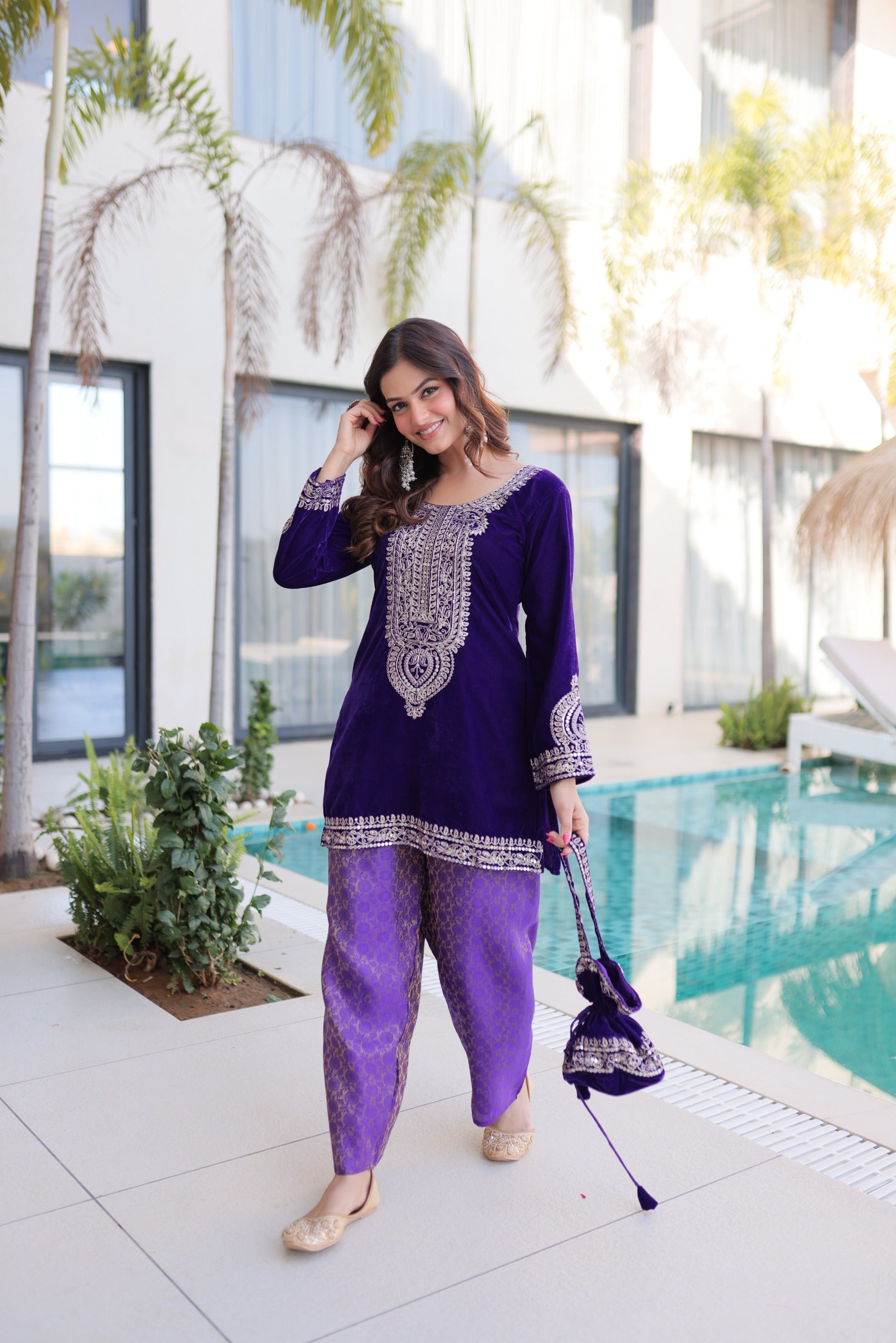 Prazu Fashion Purple Velvet With Rich Zari Coding Embroidered Suit With Potli Bag