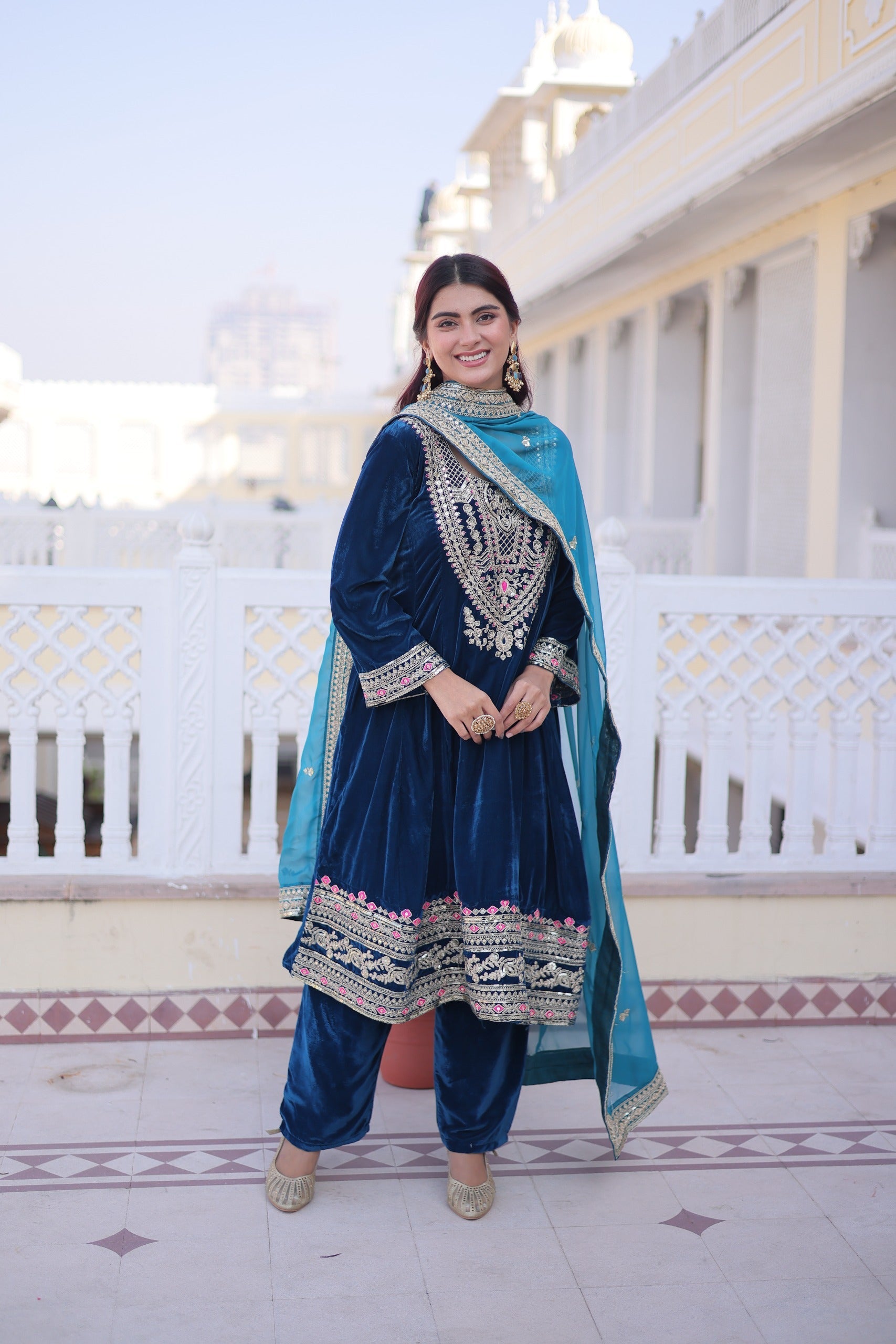 Prazu Fashion Rama Velvet Rich Sequins , Zari, Coding & Thread Embroidered Salwar Suit