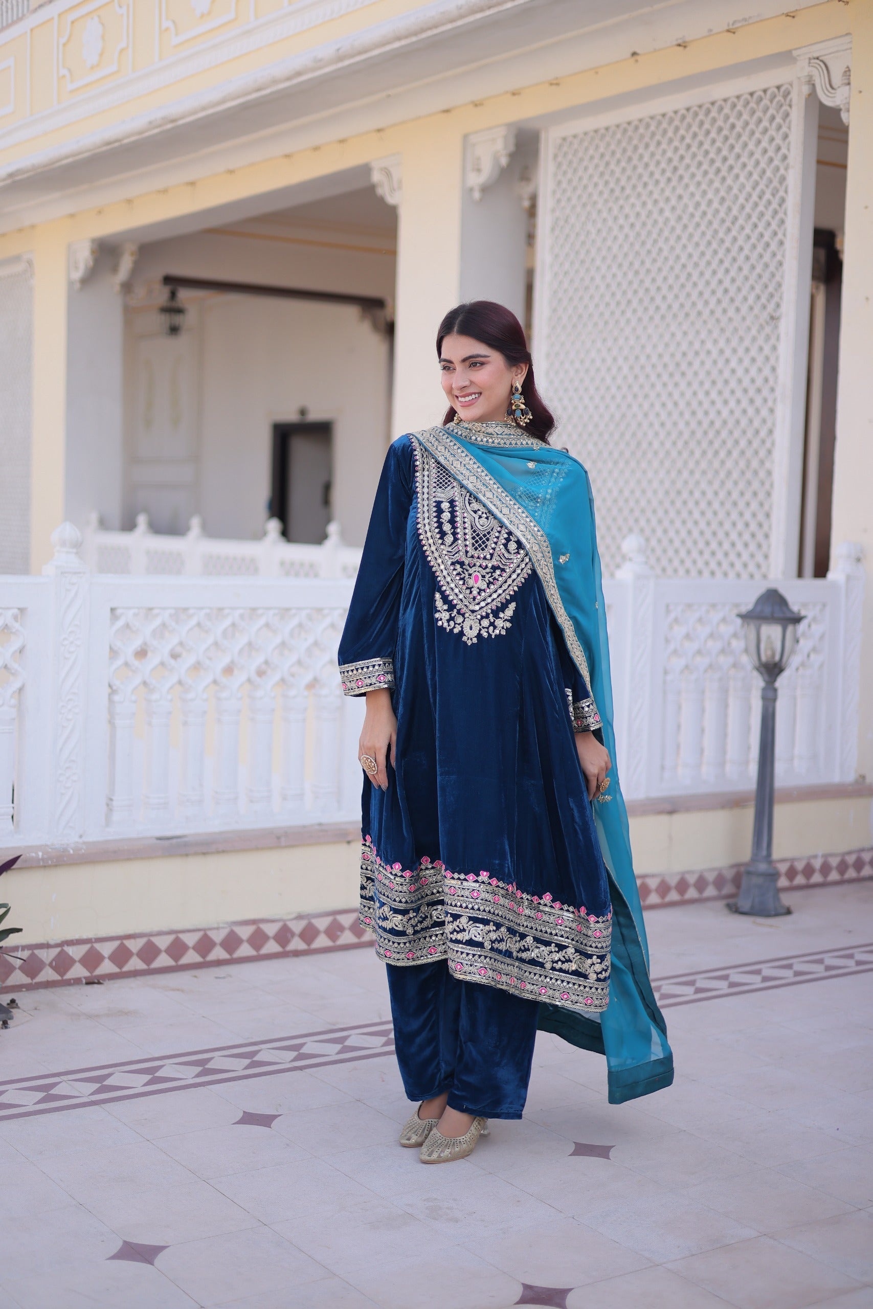 Prazu Fashion Rama Velvet Rich Sequins , Zari, Coding & Thread Embroidered Salwar Suit