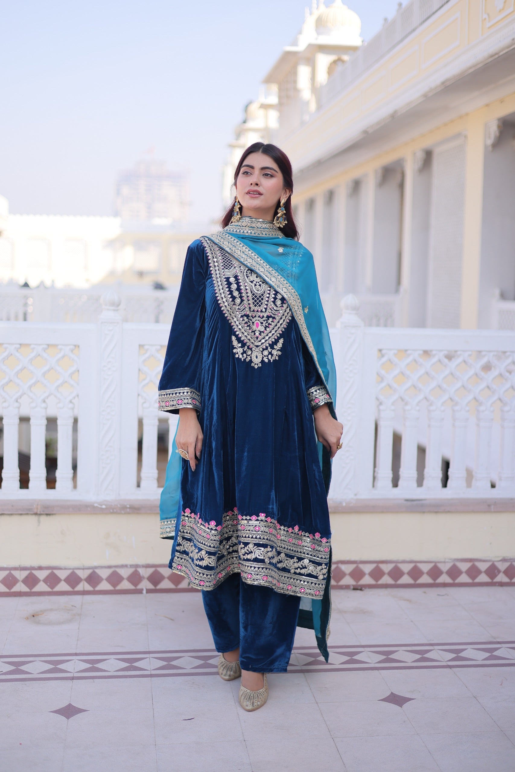 Prazu Fashion Rama Velvet Rich Sequins , Zari, Coding & Thread Embroidered Salwar Suit