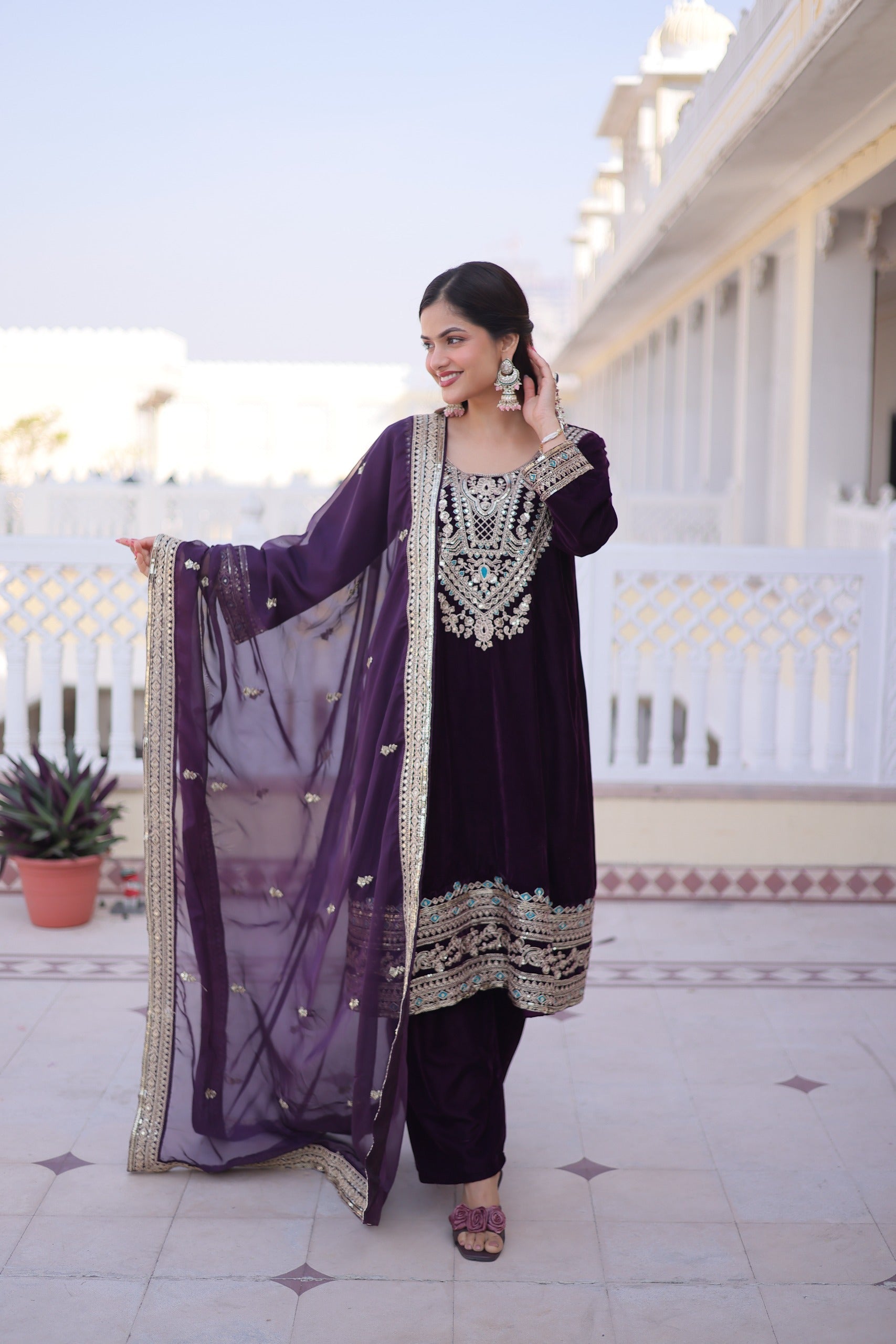 Prazu Fashion Wine Velvet Rich Sequins , Zari, Coding & Thread Embroidered Salwar Suit