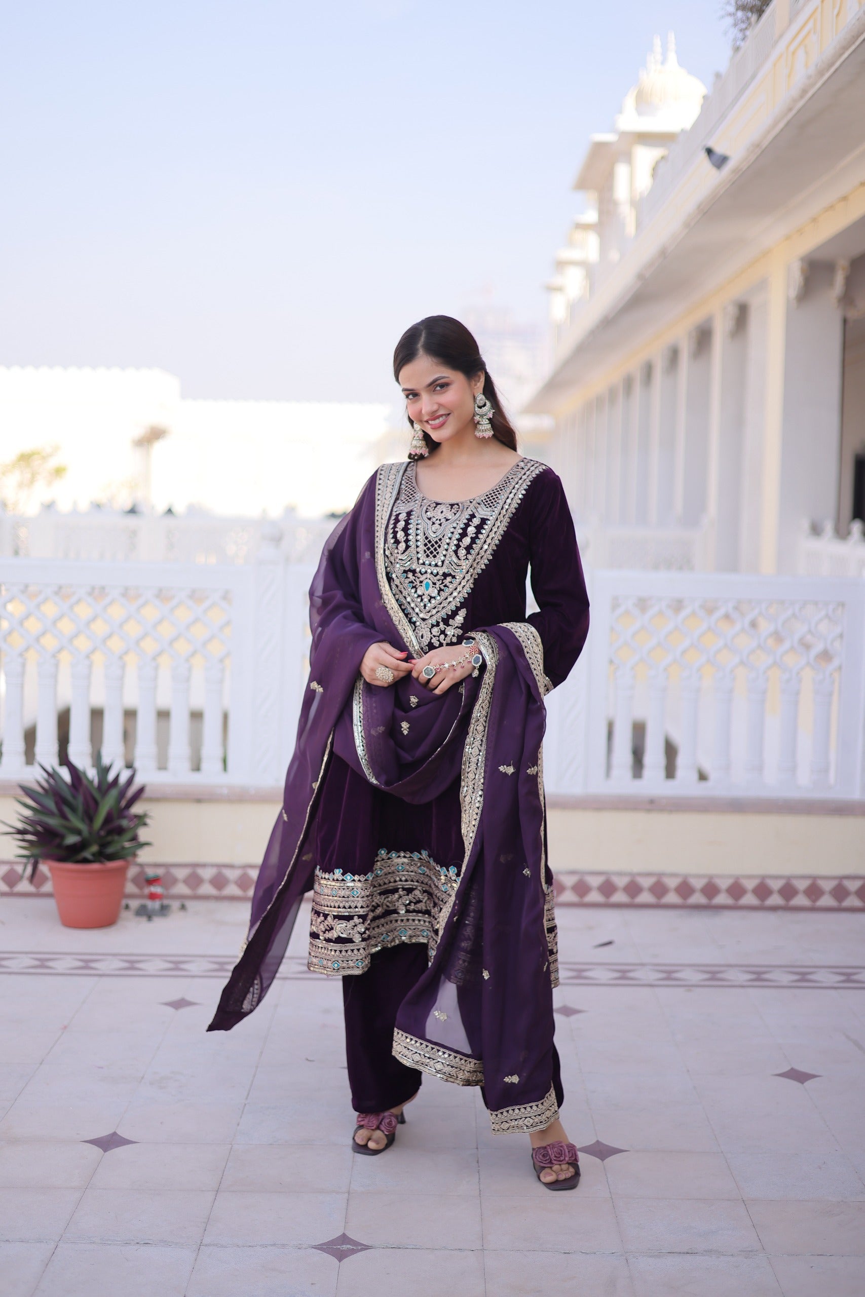 Prazu Fashion Wine Velvet Rich Sequins , Zari, Coding & Thread Embroidered Salwar Suit