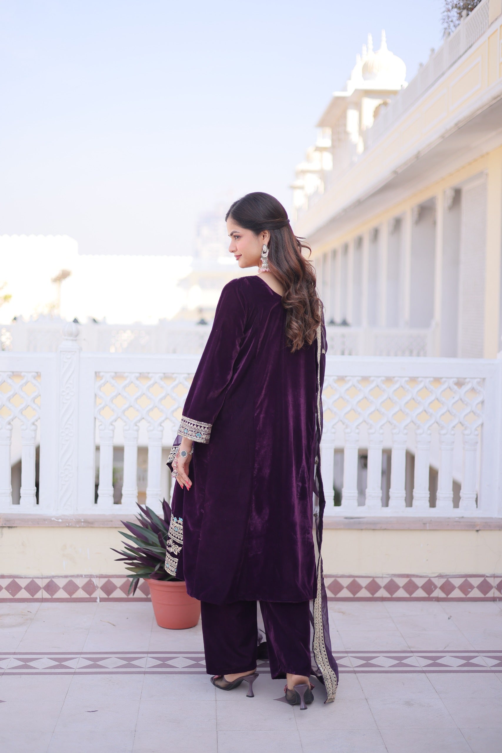 Prazu Fashion Wine Velvet Rich Sequins , Zari, Coding & Thread Embroidered Salwar Suit