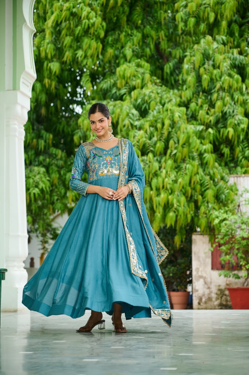 Lehenga Mart Premium Readymade Gown With Dupatta Set For Women-Sky Blue