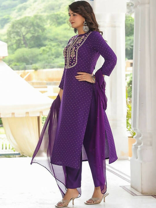 Kalini Floral Embroidered Mandarin Collar Regular Mirror Work Kurta & Trousers & Dupatta - Grab2buy
