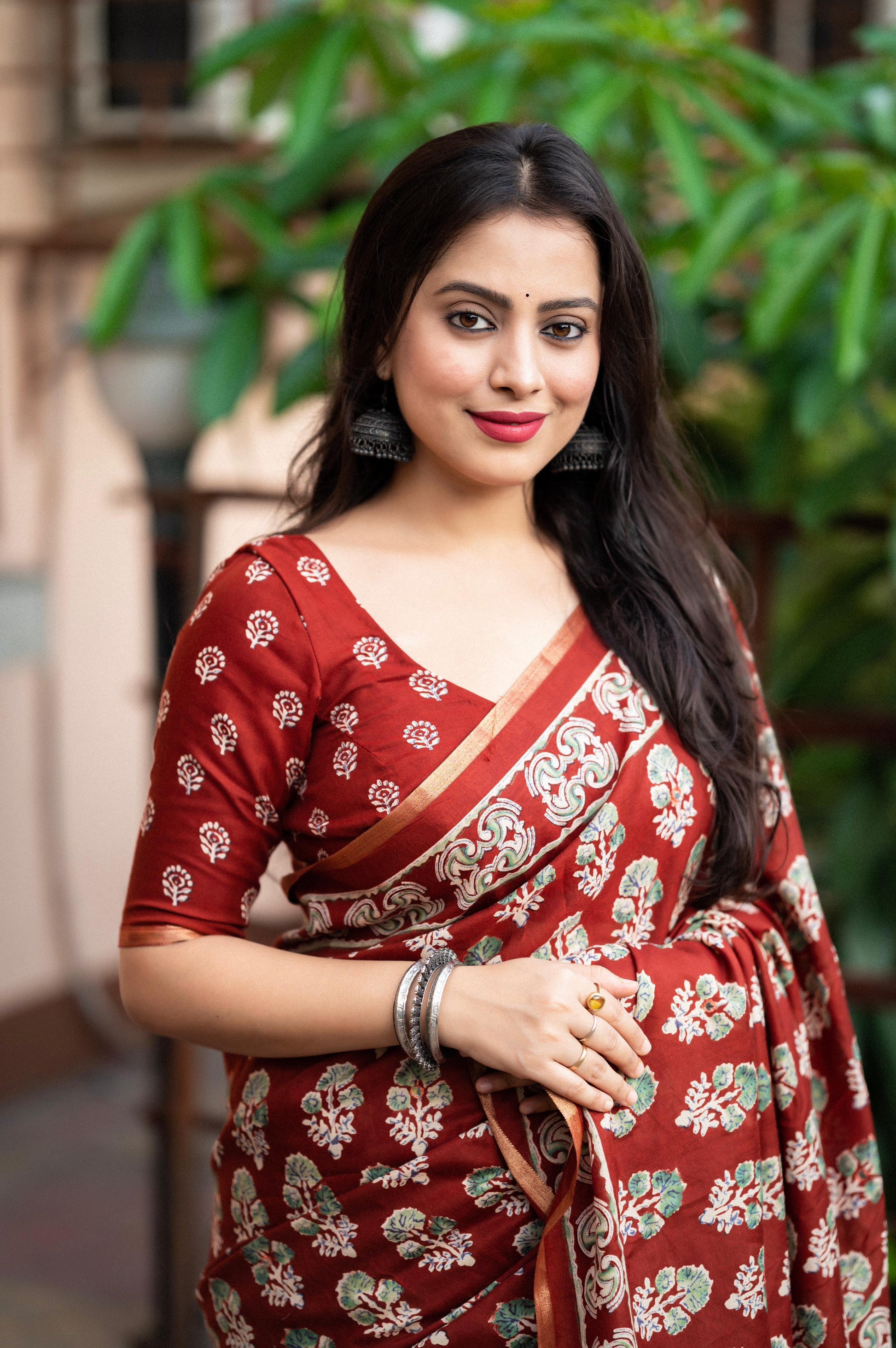 Red Cotton Blend Ajrak Saree with Unstitched Blouse - A2M