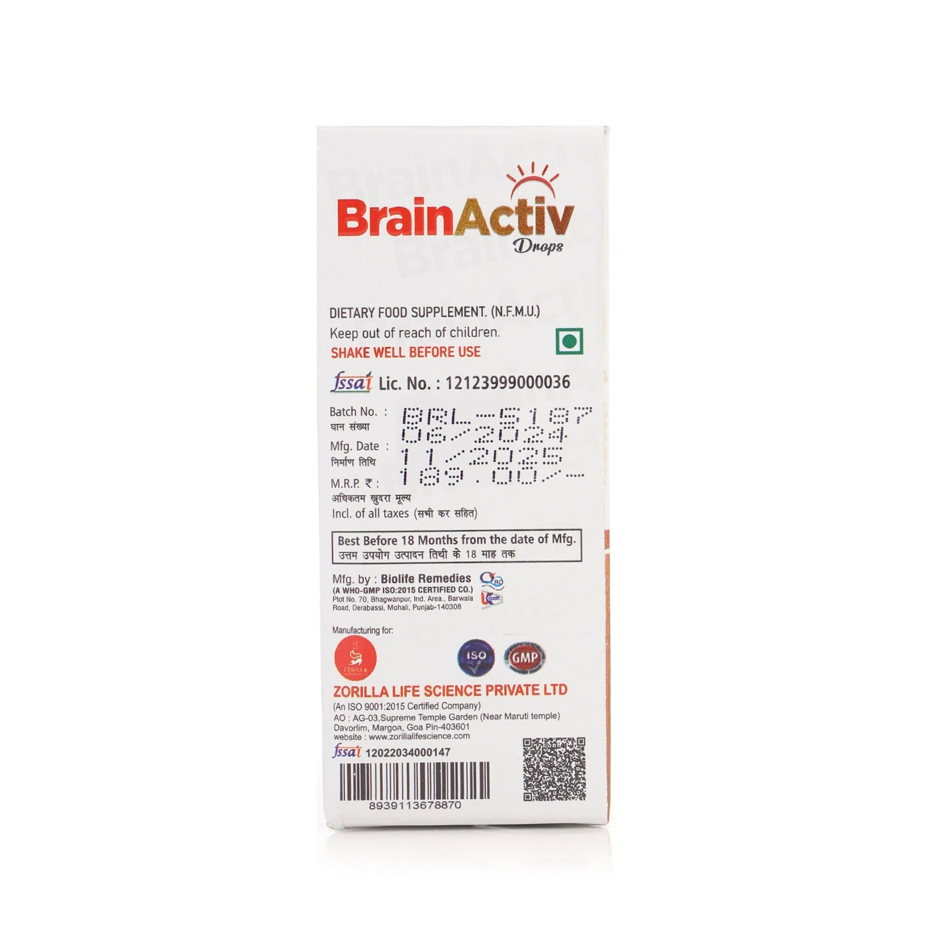 Zorilla Life Science BrainActiv Drop Omega-3 Fatty Acids, Vitamin D3, EPA with DHA 