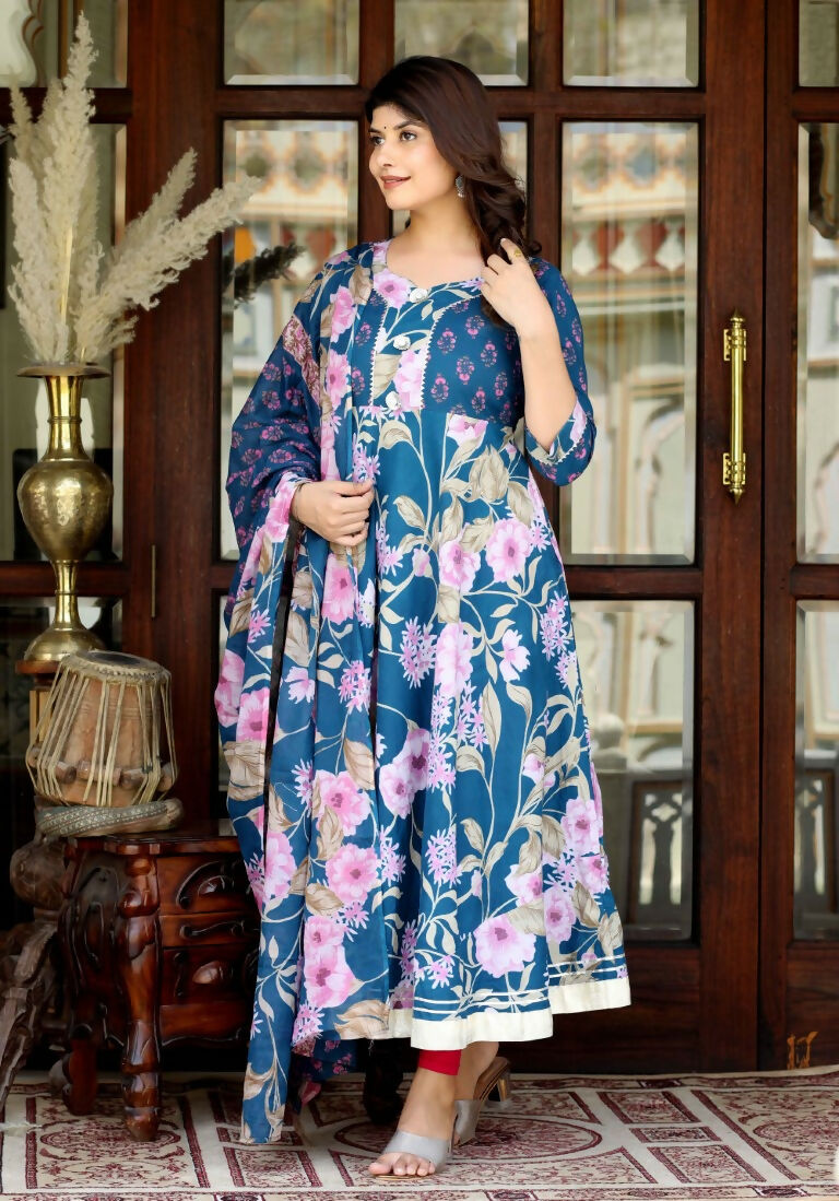 Miravan Women's Flower Printed Blue Anarkali Kurta And Dupatta