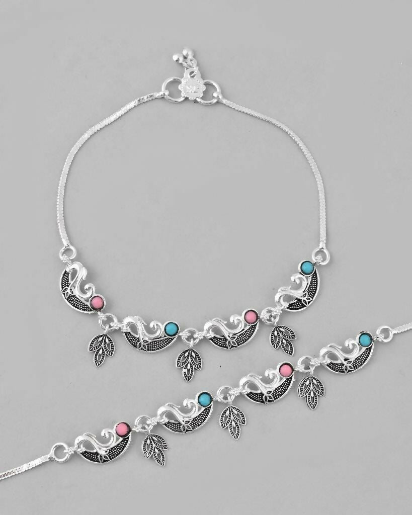 VOJ Set of 2 Silver Plated Stainless Steel Multi Color Anklet 