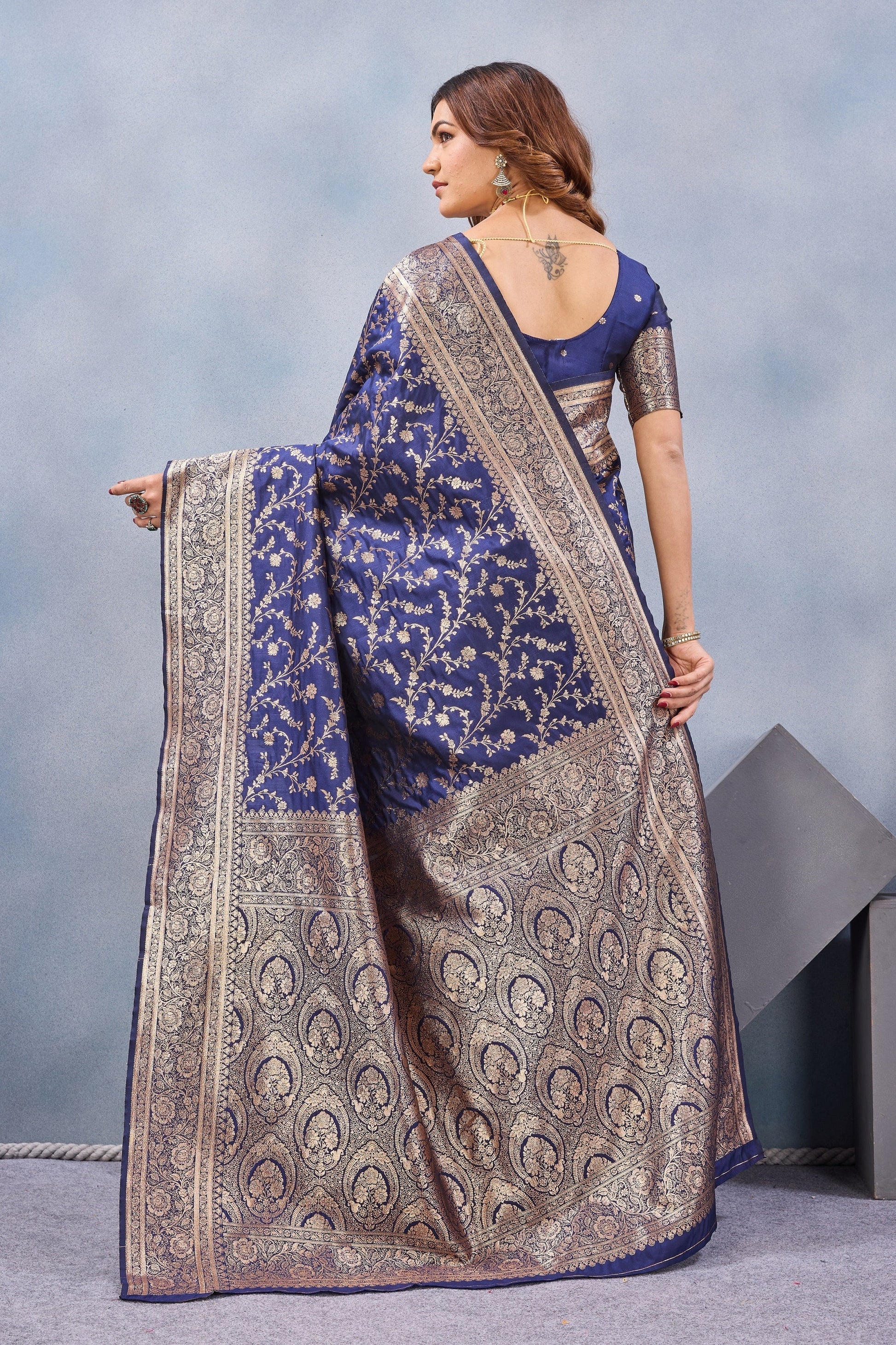Divine International Trading Co Blue Soft Silk Blend Banarasi Jacuard Work Designer Party Wear Saree With Unstitched Blouse Piece
