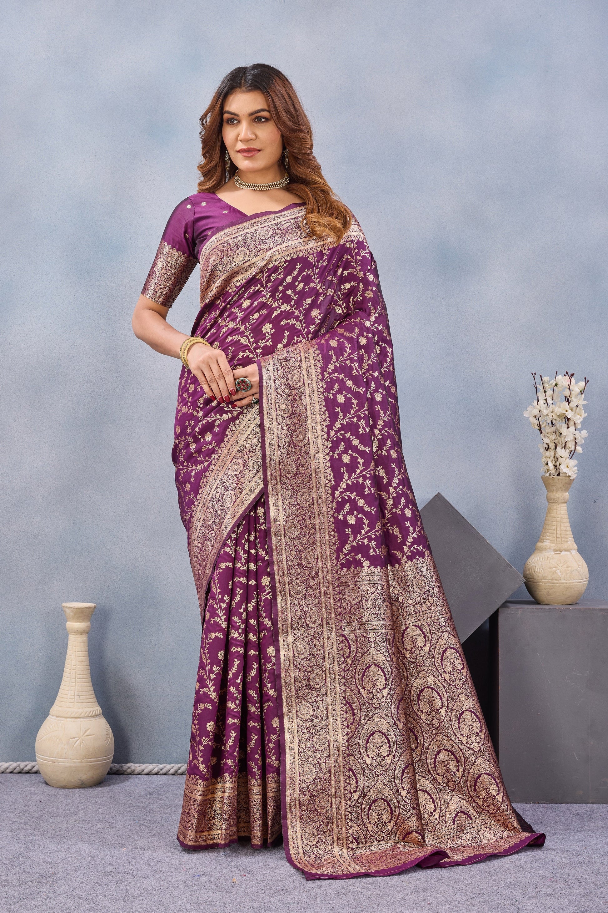 Divine International Trading Co Wine Soft Silk Blend Banarasi Jacuard Work Designer Party Wear Saree With Unstitched Blouse Piece