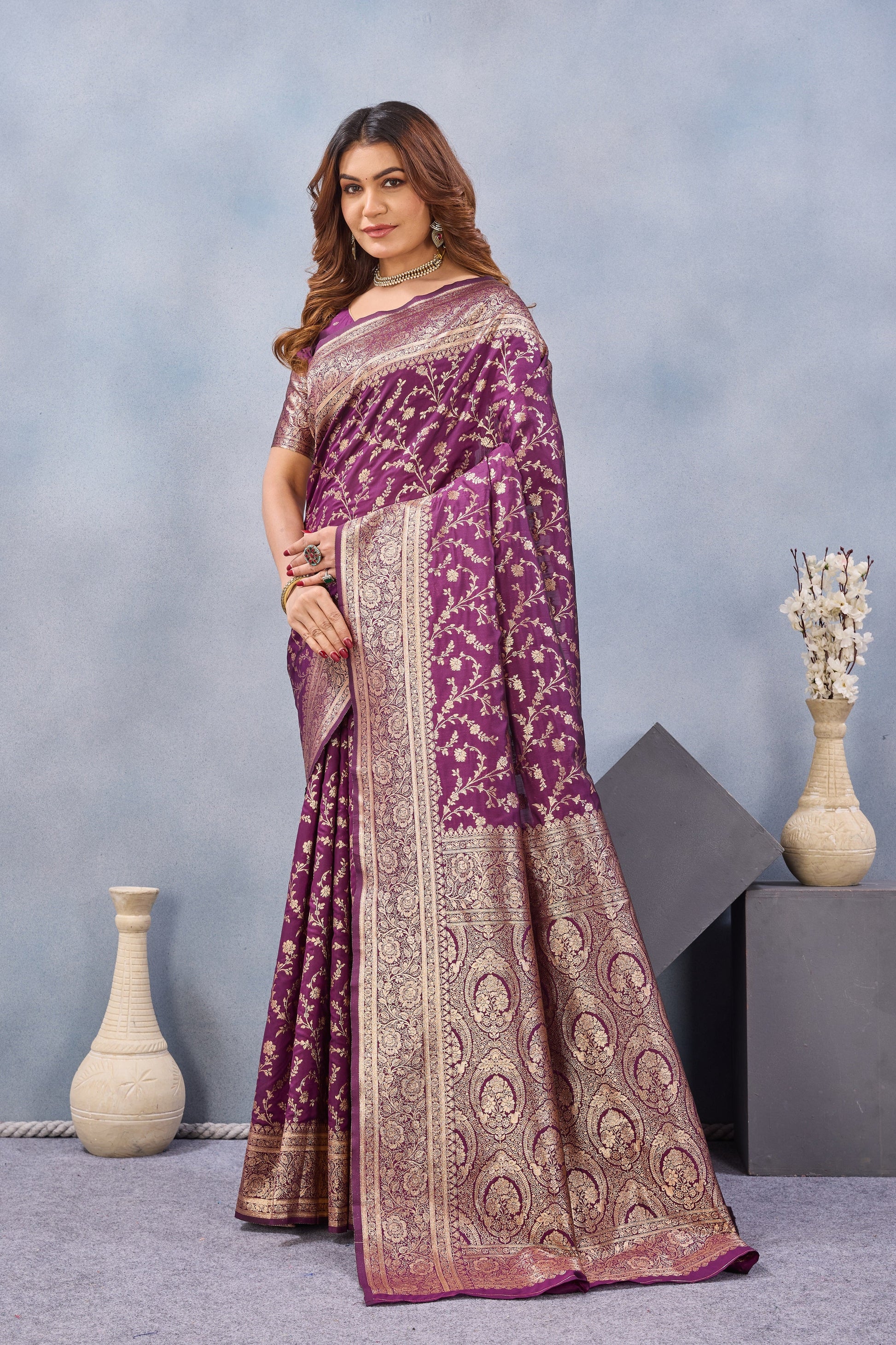 Divine International Trading Co Wine Soft Silk Blend Banarasi Jacuard Work Designer Party Wear Saree With Unstitched Blouse Piece