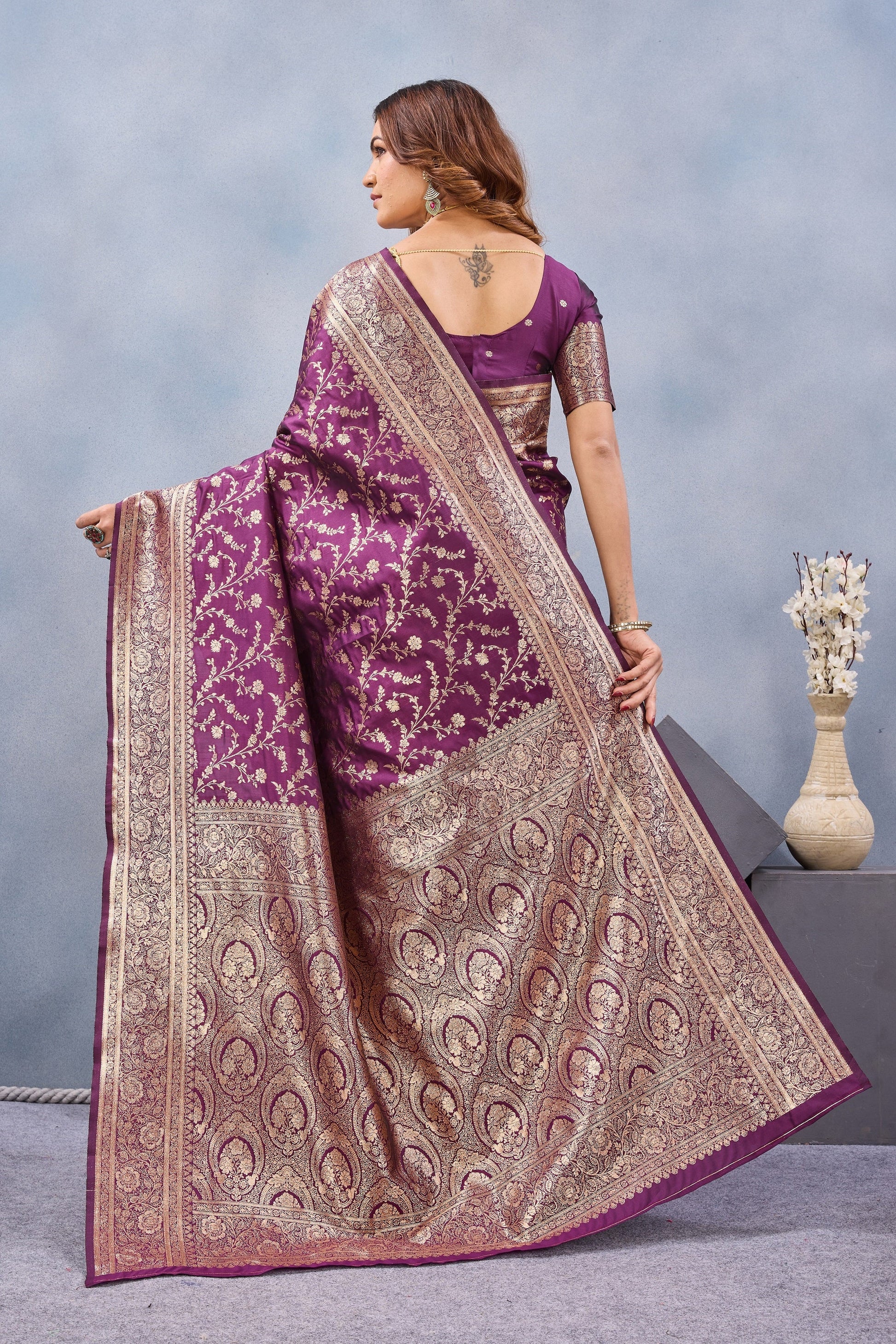 Divine International Trading Co Wine Soft Silk Blend Banarasi Jacuard Work Designer Party Wear Saree With Unstitched Blouse Piece
