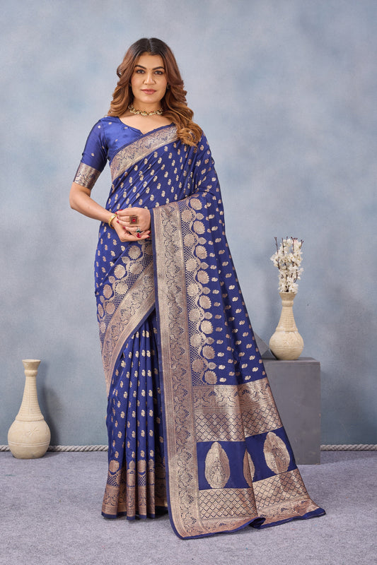Divine International Trading Co Blue Soft Silk Blend Banarasi Jacuard Work Designer Party Wear Saree With Unstitched Blouse Piece