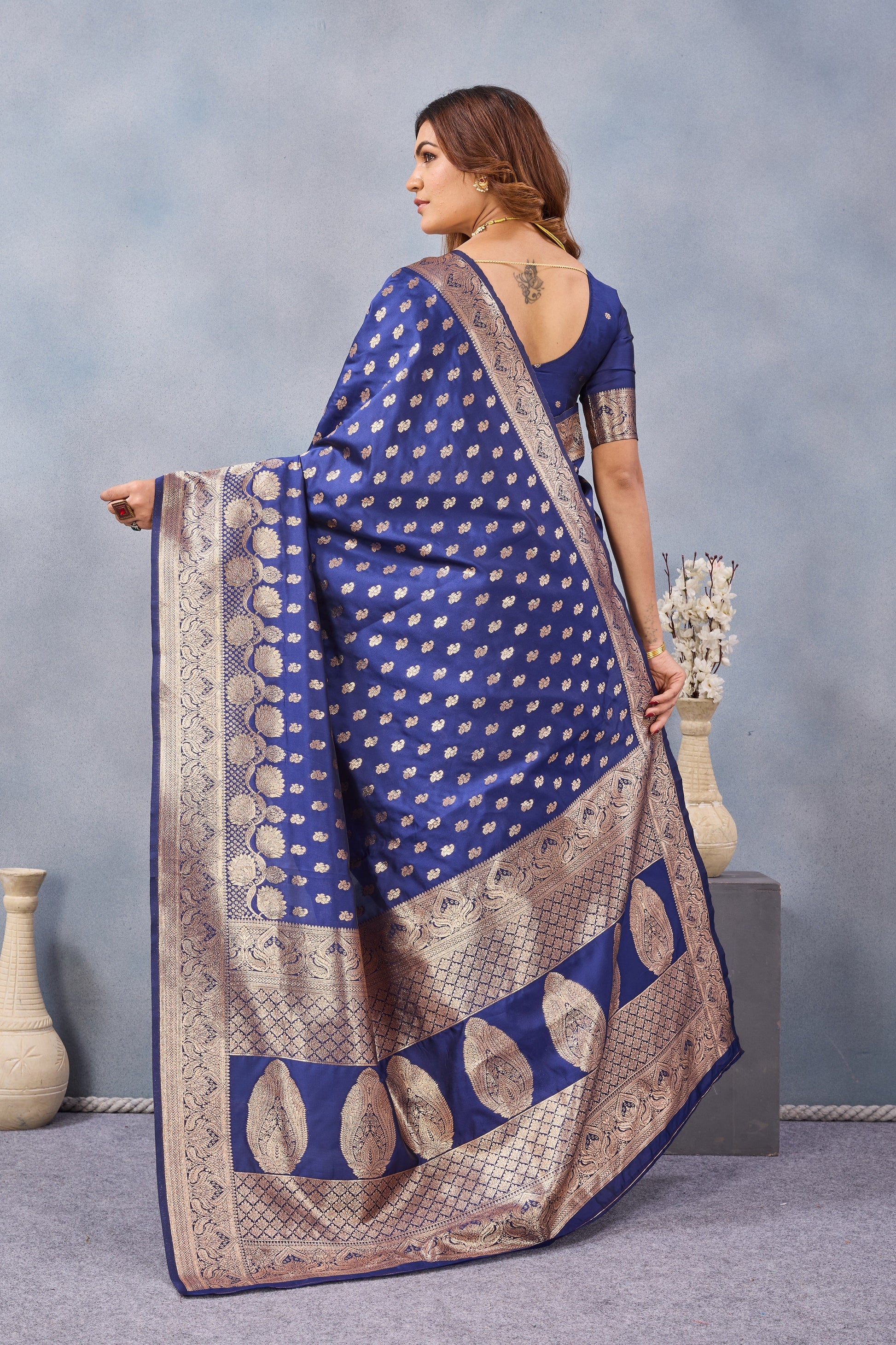 Divine International Trading Co Blue Soft Silk Blend Banarasi Jacuard Work Designer Party Wear Saree With Unstitched Blouse Piece