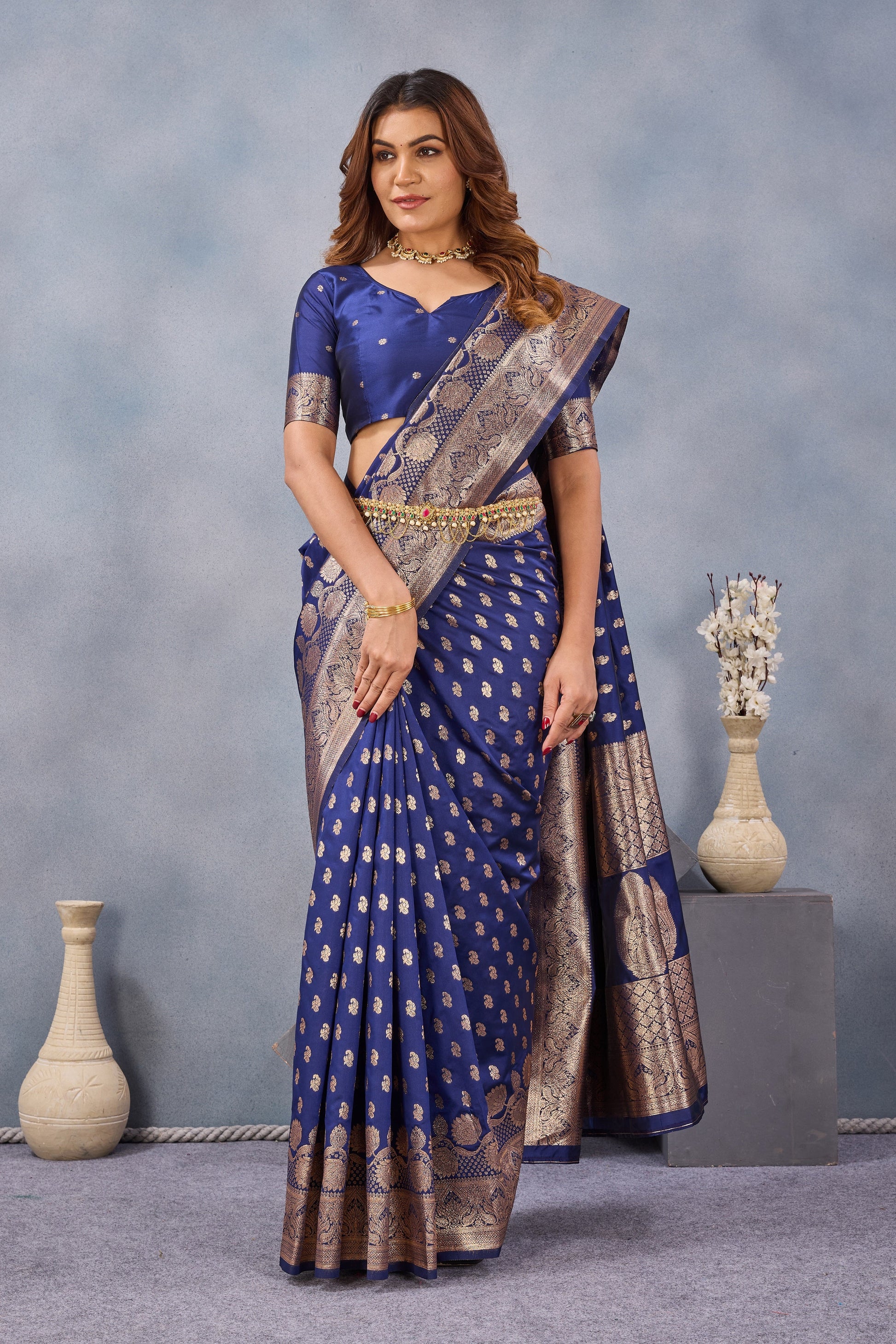 Divine International Trading Co Blue Soft Silk Blend Banarasi Jacuard Work Designer Party Wear Saree With Unstitched Blouse Piece
