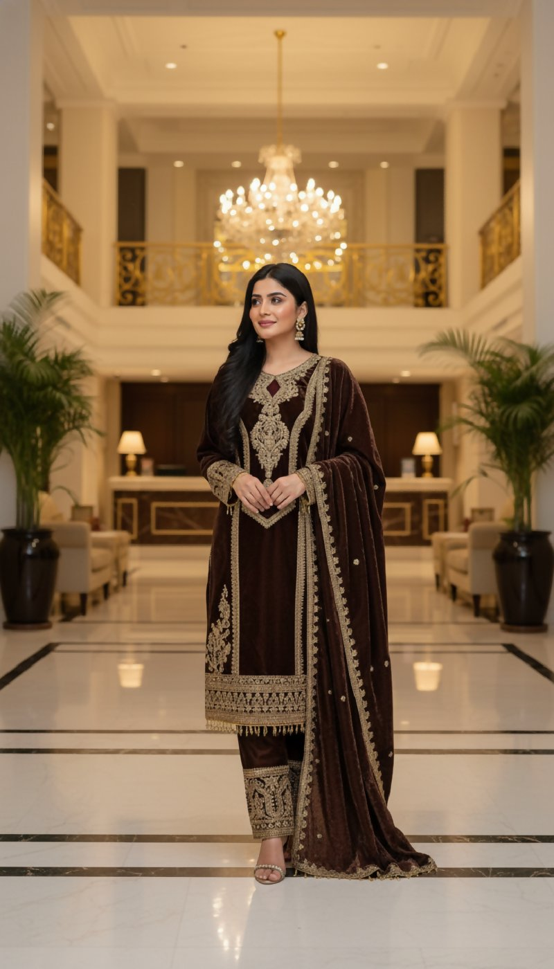 Joban Fashion Coffee Velvet Embroidery Sequence Work Readymade Kurta Set