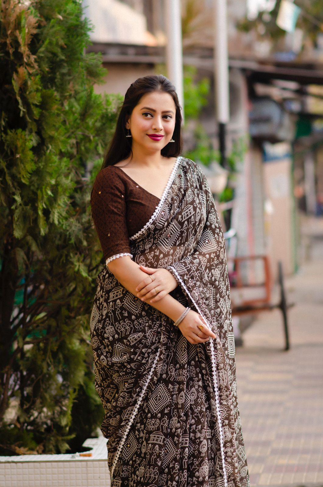Coffee Poly Georgette Ethnic Motifs Saree with Unstitched Blouse - A2M
