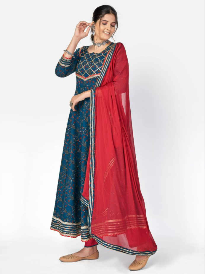 NOZ2TOZ Women Dark Blue Anarkali Cotton Kurta With Pant & Dupatta (3Pcs Set) 
