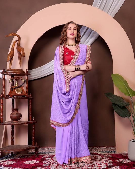 Teeya Creation Lavender Color Georgette Fabric Chikankari Work Saree