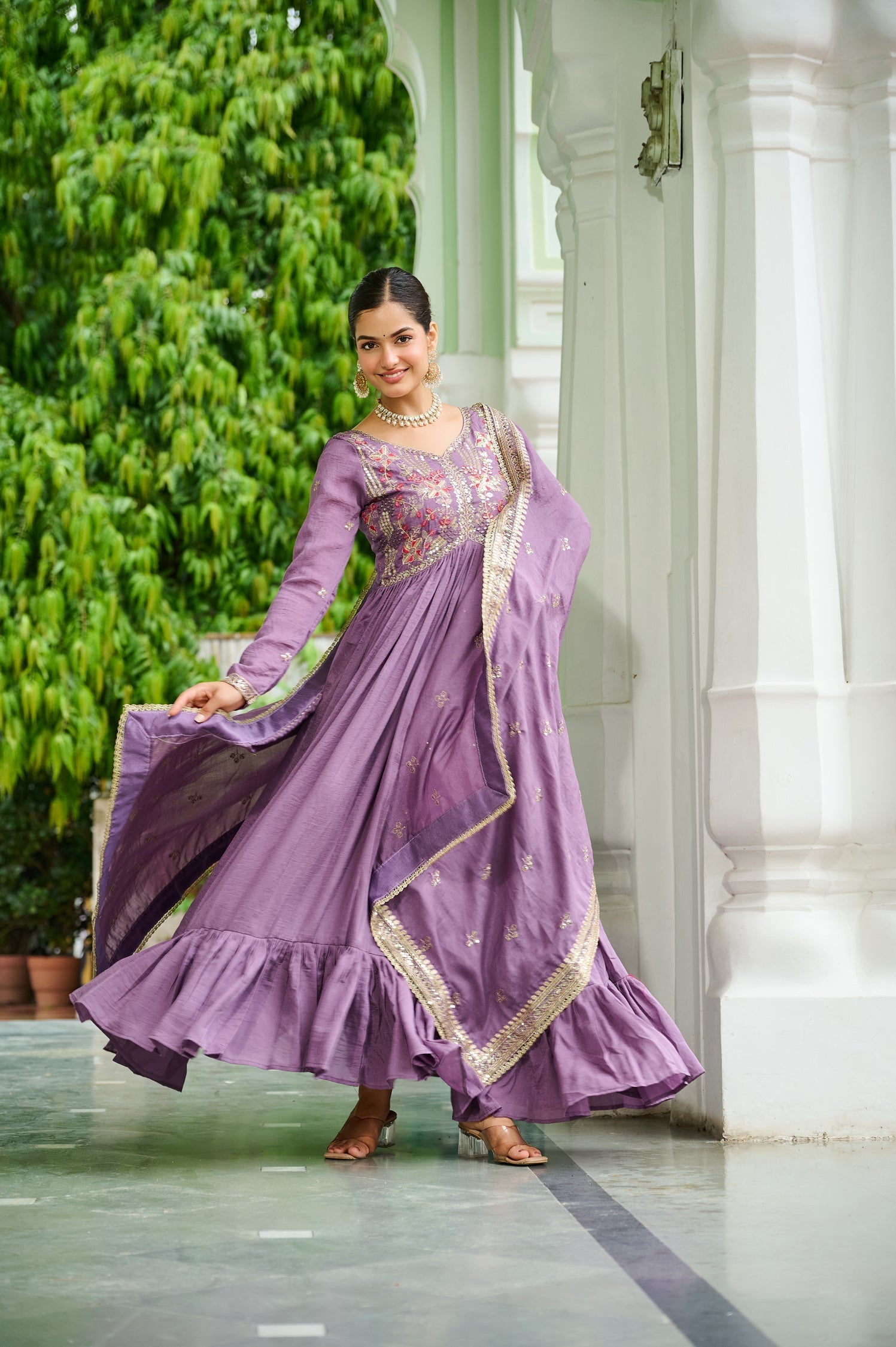 Lorenvalley Fashion Lavender Vichitra Silk with Embroidered Zari & Thread work Anarkali Gown with Dupatta 