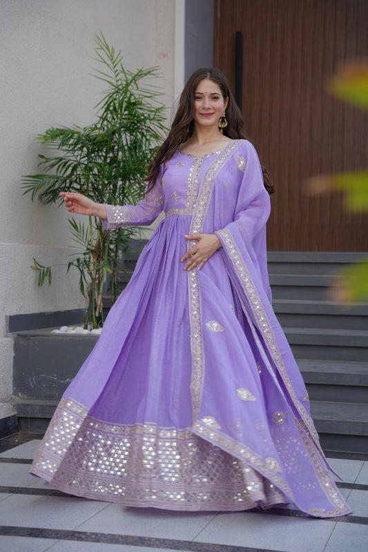 Lorenvalley Fashion Lavender Crunchy Silk with Embroidery Codding & Sequins Work Anarkali Gown with Dupatta 