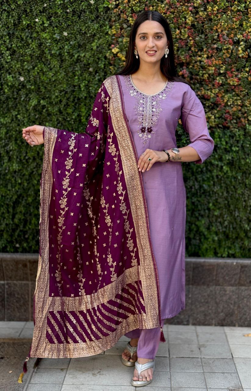 Lorenvalley Fashion Lavender Roman Silk Hand Work Kurta Pant with Dupatta 