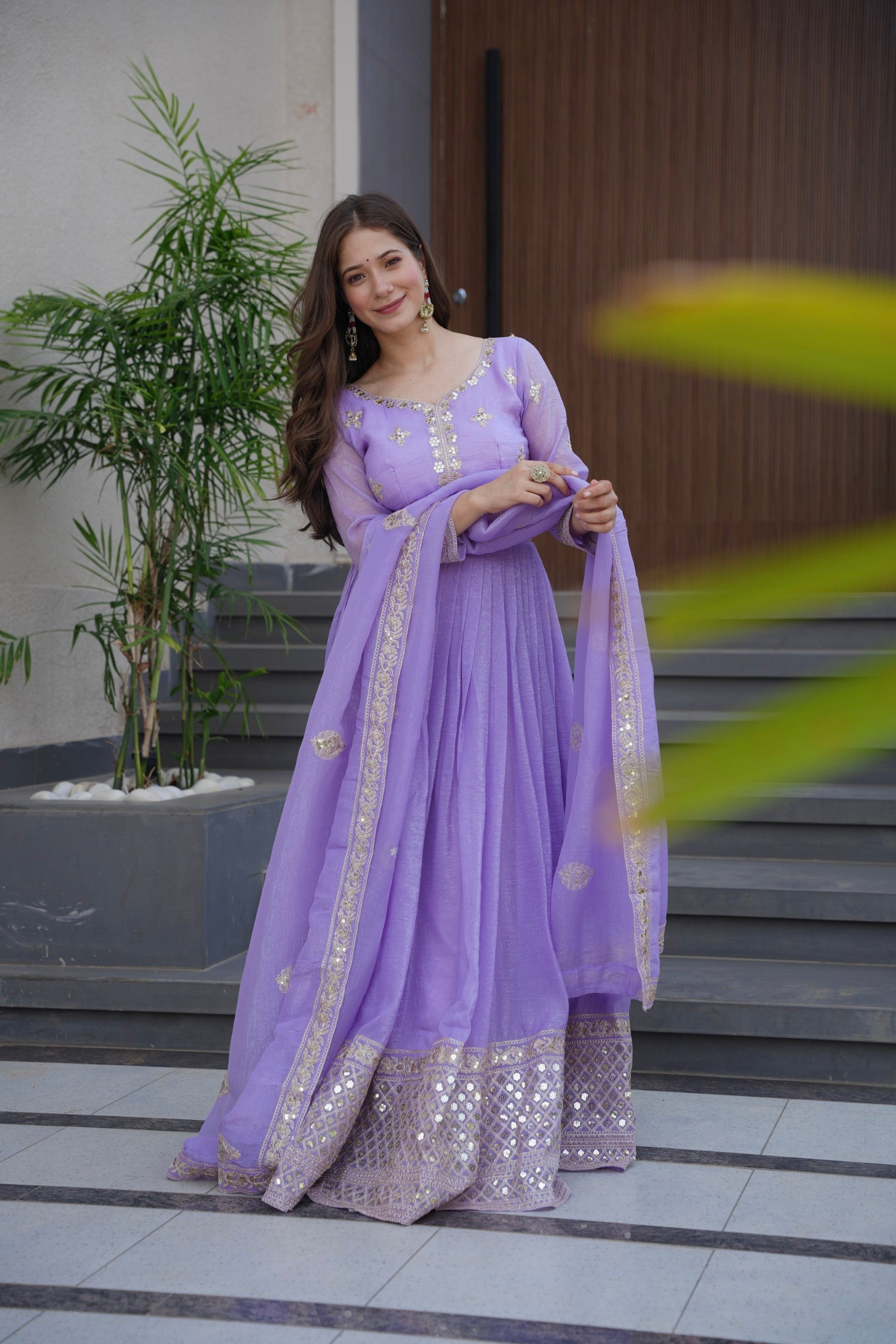 Lorenvalley Fashion Lavender Crunchy Silk with Embroidery Codding & Sequins Work Anarkali Gown with Dupatta 