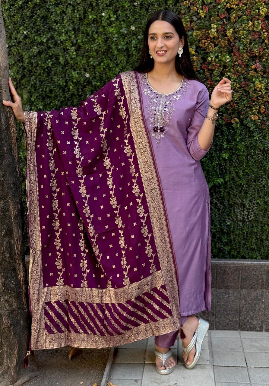 Lorenvalley Fashion Lavender Roman Silk Hand Work Kurta Pant with Dupatta 