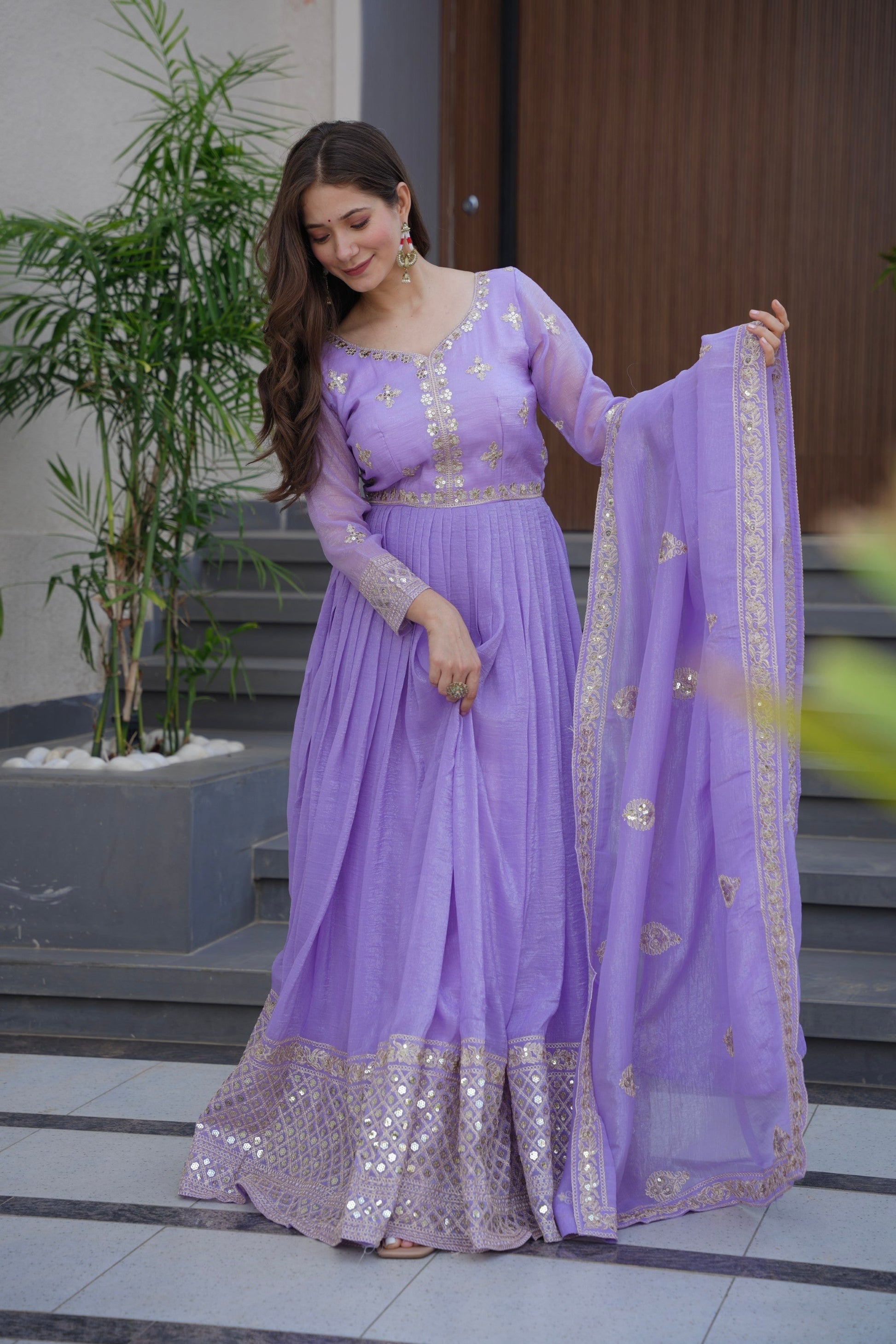 Lorenvalley Fashion Lavender Crunchy Silk with Embroidery Codding & Sequins Work Anarkali Gown with Dupatta 