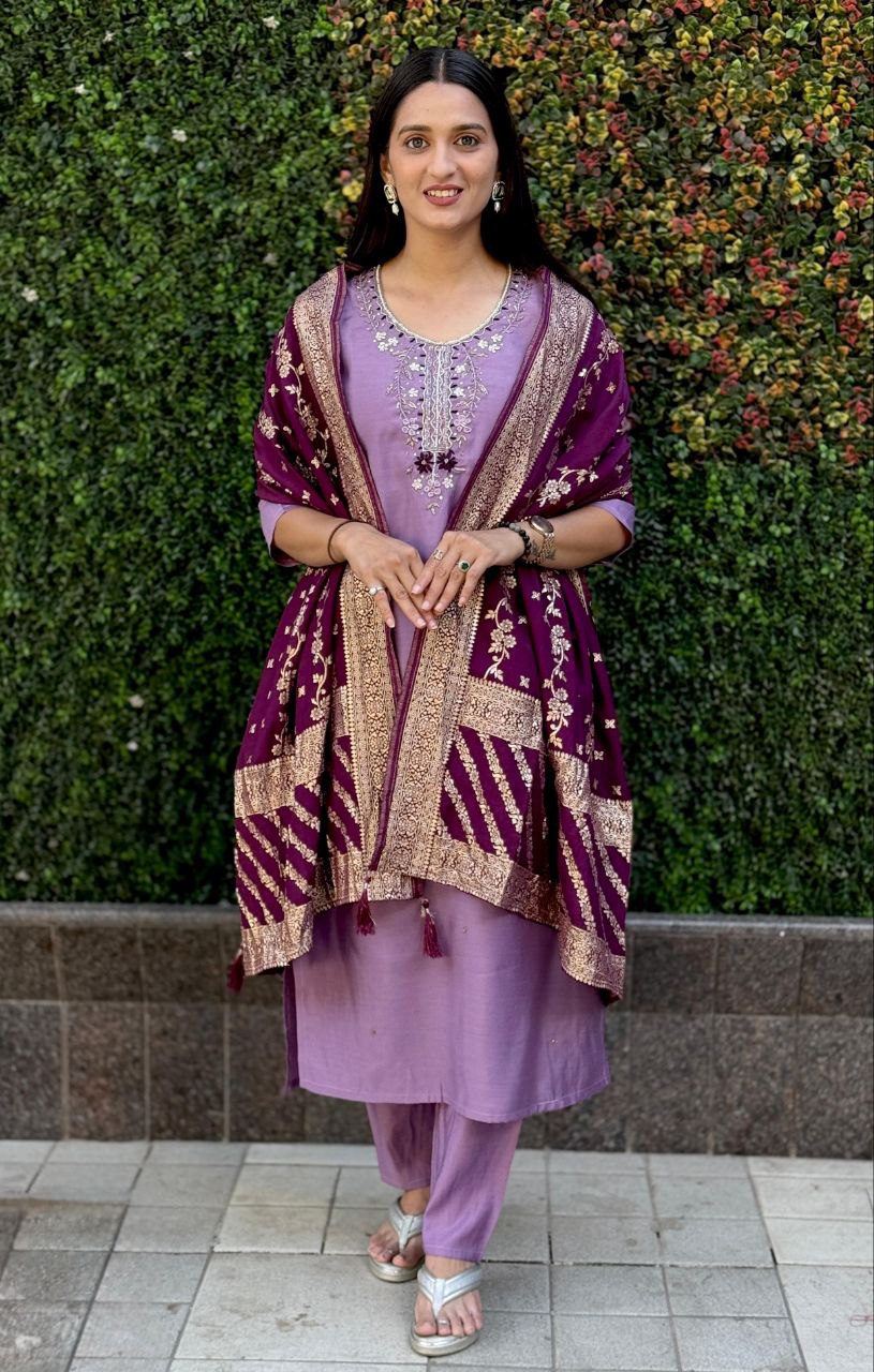 Lorenvalley Fashion Lavender Roman Silk Hand Work Kurta Pant with Dupatta 