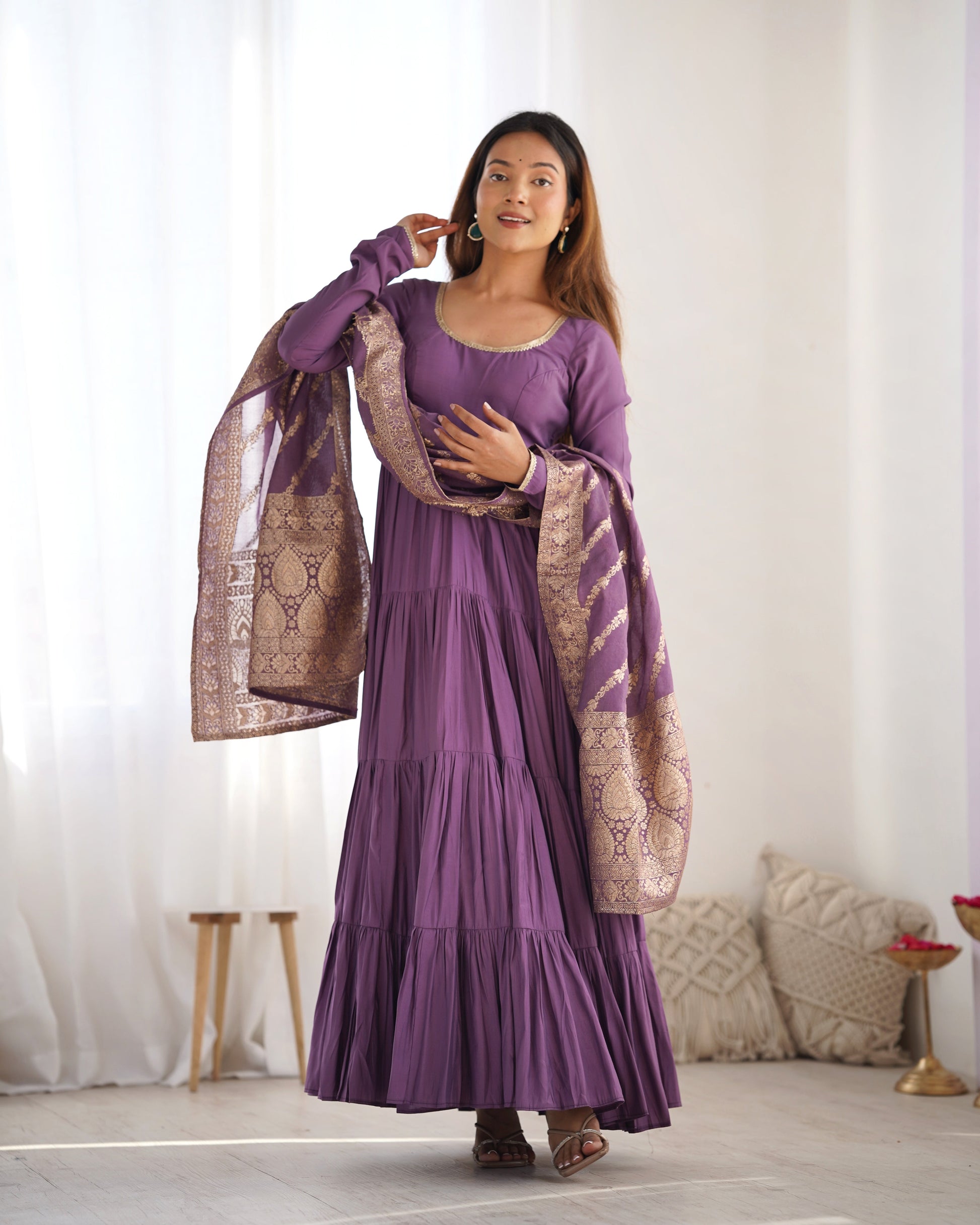 Lorenvalley Women Pure Roman silk Chanderi Fabric Layer Gathering Anarkali Kurta Pant With Dupatta Set - Lavender 