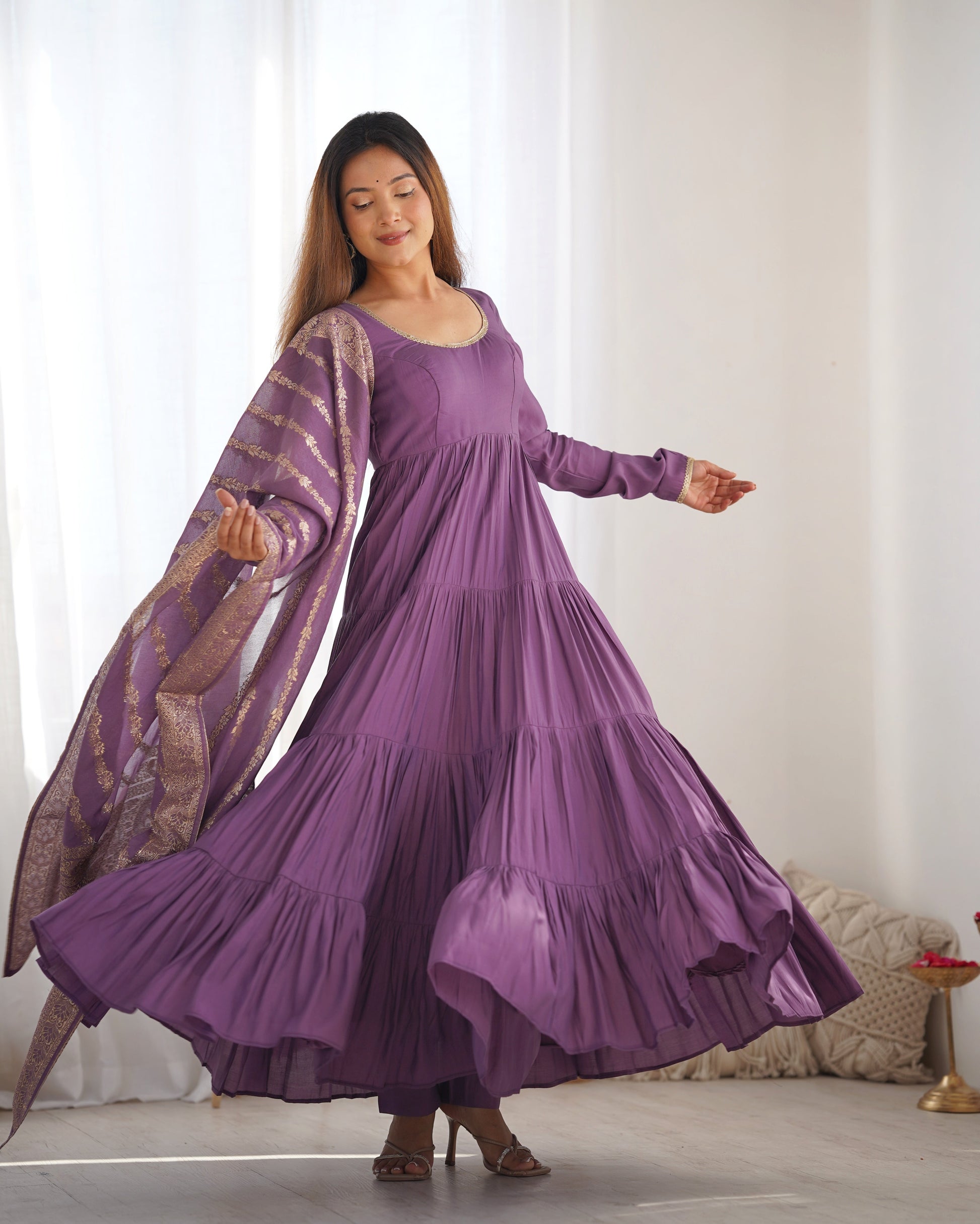 Lorenvalley Women Pure Roman silk Chanderi Fabric Layer Gathering Anarkali Kurta Pant With Dupatta Set - Lavender 