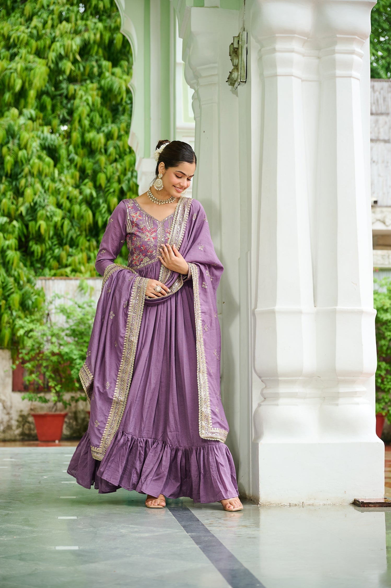 Lorenvalley Fashion Lavender Vichitra Silk with Embroidered Zari & Thread work Anarkali Gown with Dupatta 