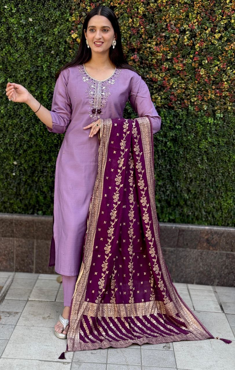 Lorenvalley Fashion Lavender Roman Silk Hand Work Kurta Pant with Dupatta 