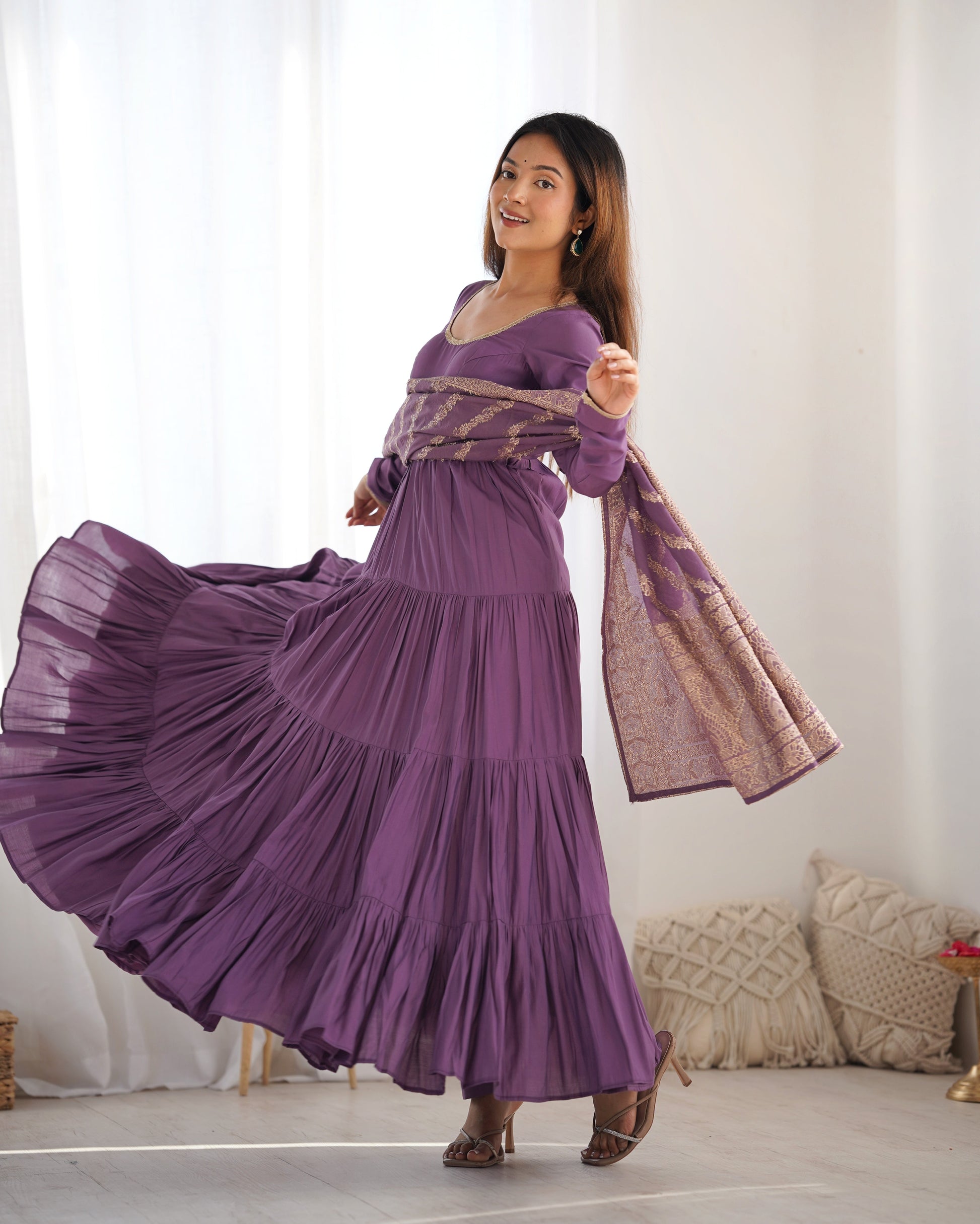 Lorenvalley Women Pure Roman silk Chanderi Fabric Layer Gathering Anarkali Kurta Pant With Dupatta Set - Lavender 