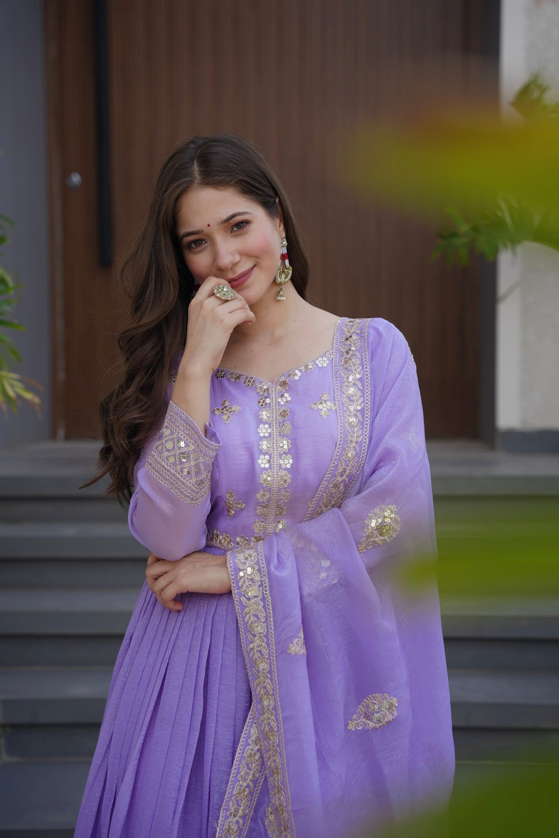 Lorenvalley Fashion Lavender Crunchy Silk with Embroidery Codding & Sequins Work Anarkali Gown with Dupatta 